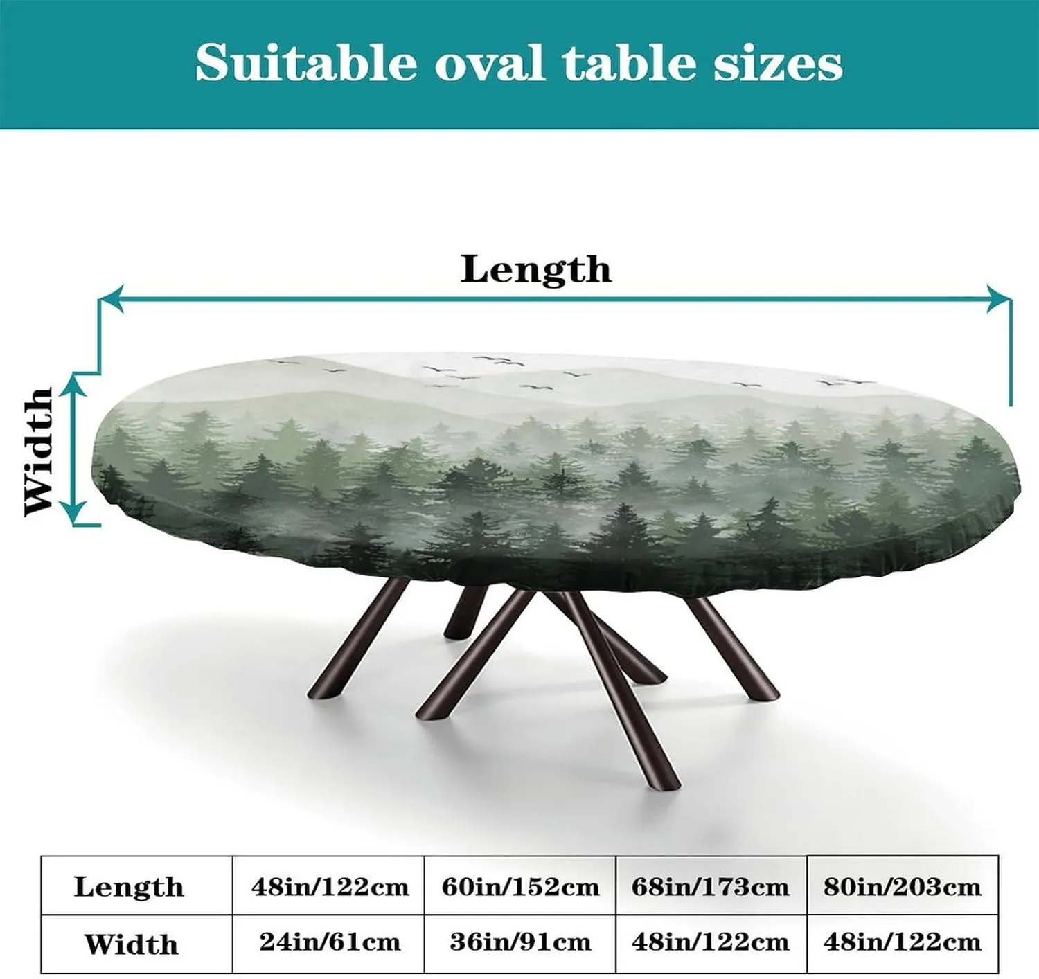 Fitted Oval Elastic Edge Tablecloth, Forest Trees Table Cover, for Travel Christmas Picnics Parties Outdoor, Fits for 48 x 80 Oval Table