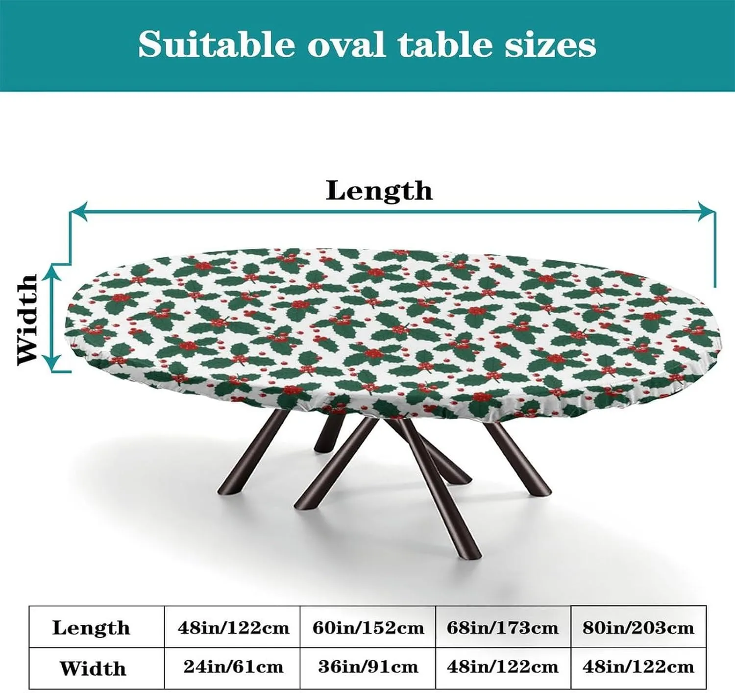 Fitted Oval Elastic Edge Tablecloths, Christmas Holly Table Cover, Great for Home Kitchen/Parties/Holiday Dinner, Fits for 48 x 80 Oval Table