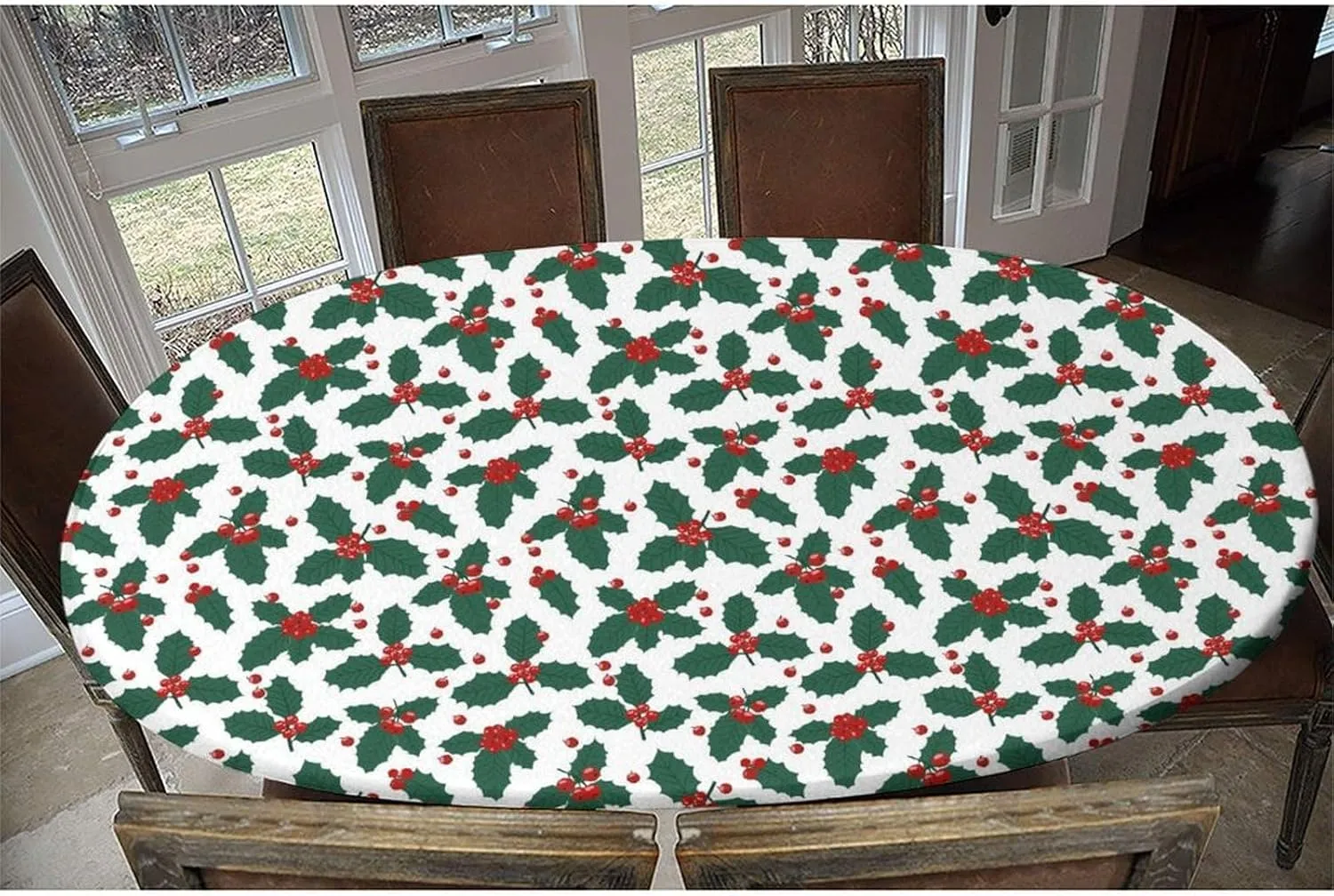 Fitted Oval Elastic Edge Tablecloths, Christmas Holly Table Cover, Great for Home Kitchen/Parties/Holiday Dinner, Fits for 48 x 80 Oval Table