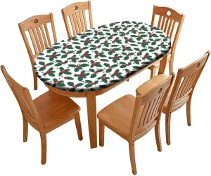 Fitted Oval Elastic Edge Tablecloths, Christmas Holly Table Cover, Great for Home Kitchen/Parties/Holiday Dinner, Fits for 48 x 80 Oval Table