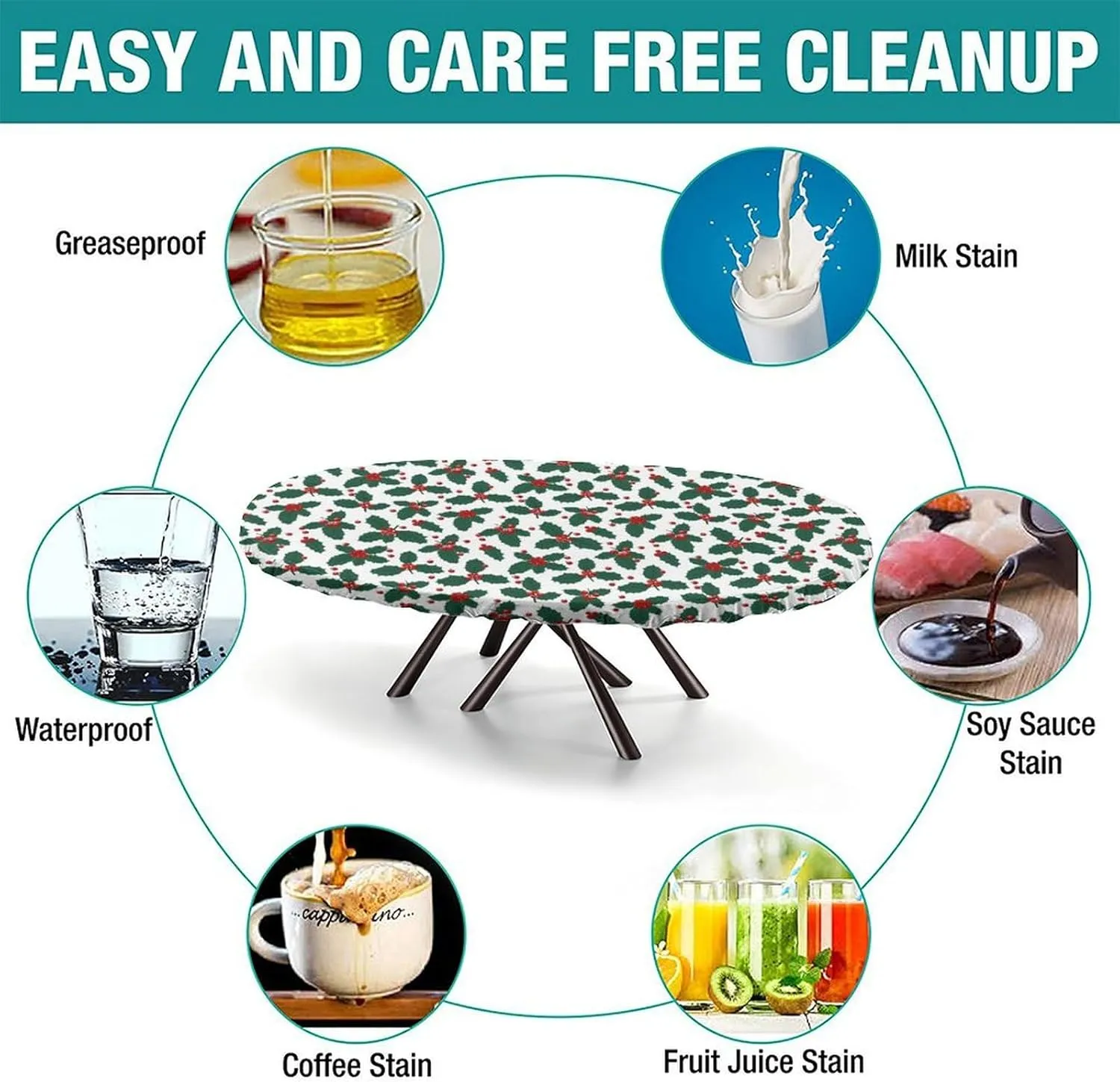 Fitted Oval Elastic Edge Tablecloths, Christmas Holly Table Cover, Great for Home Kitchen/Parties/Holiday Dinner, Fits for 48 x 80 Oval Table