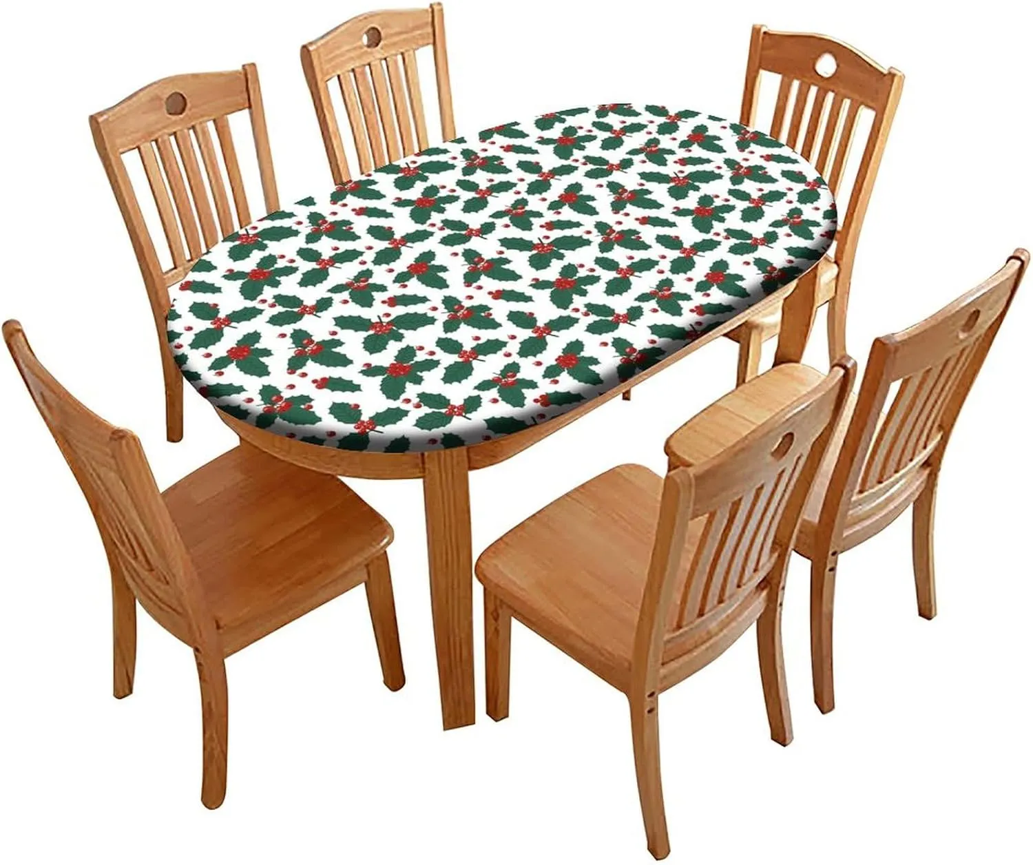 Fitted Oval Elastic Edge Tablecloths, Christmas Holly Table Cover, Great for Home Kitchen/Parties/Holiday Dinner, Fits for 48 x 80 Oval Table