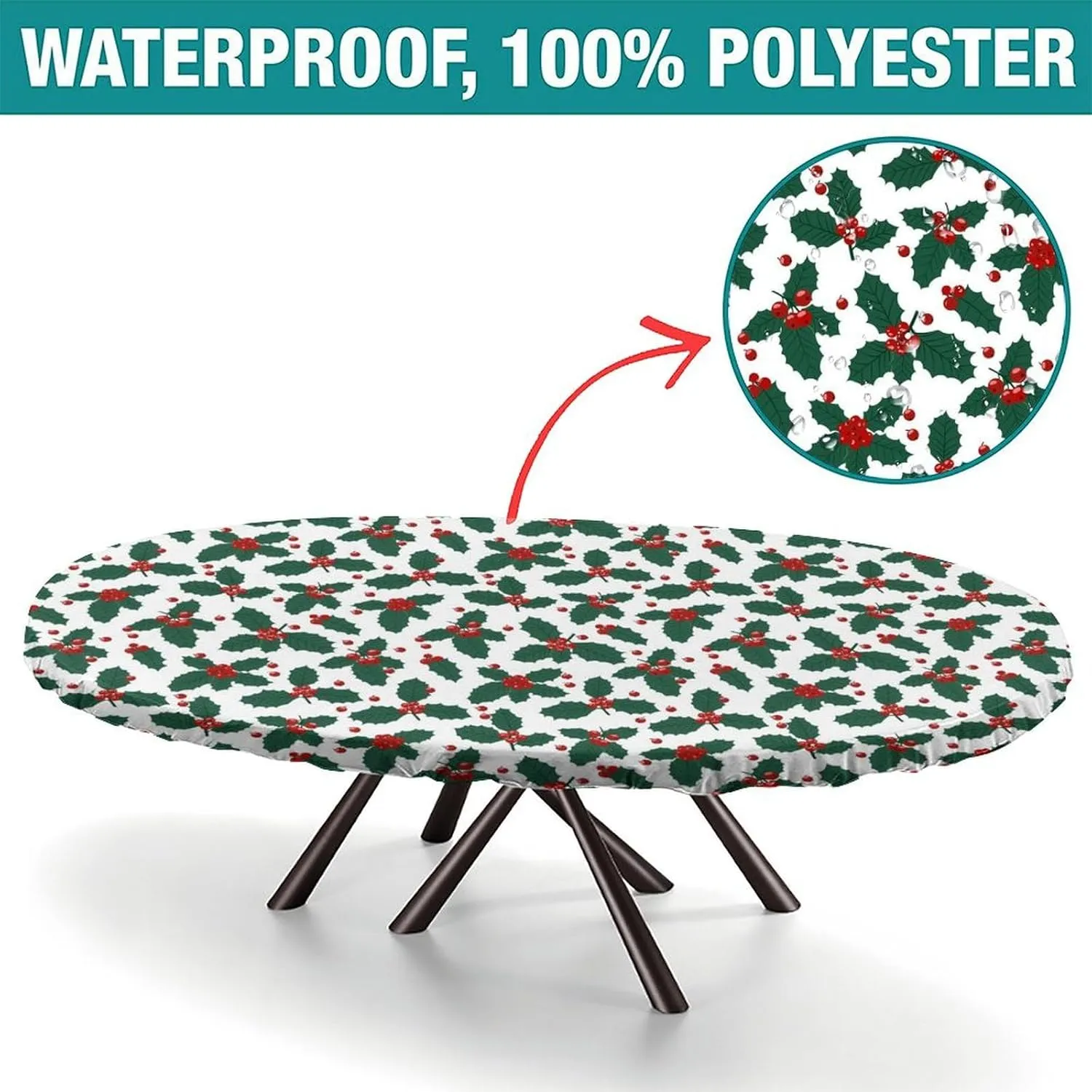 Fitted Oval Elastic Edge Tablecloths, Christmas Holly Table Cover, Great for Home Kitchen/Parties/Holiday Dinner, Fits for 48 x 80 Oval Table