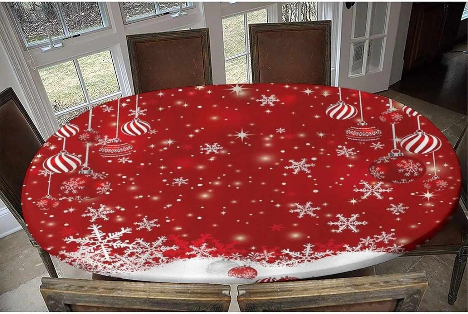 Fitted Oval Elastic Edge Tablecloths, Christmas Snowflake Decoration Table Cloth, Great for Home Kitchen/Parties/Holiday Dinner, Fits for 48 x 80 Oval Table