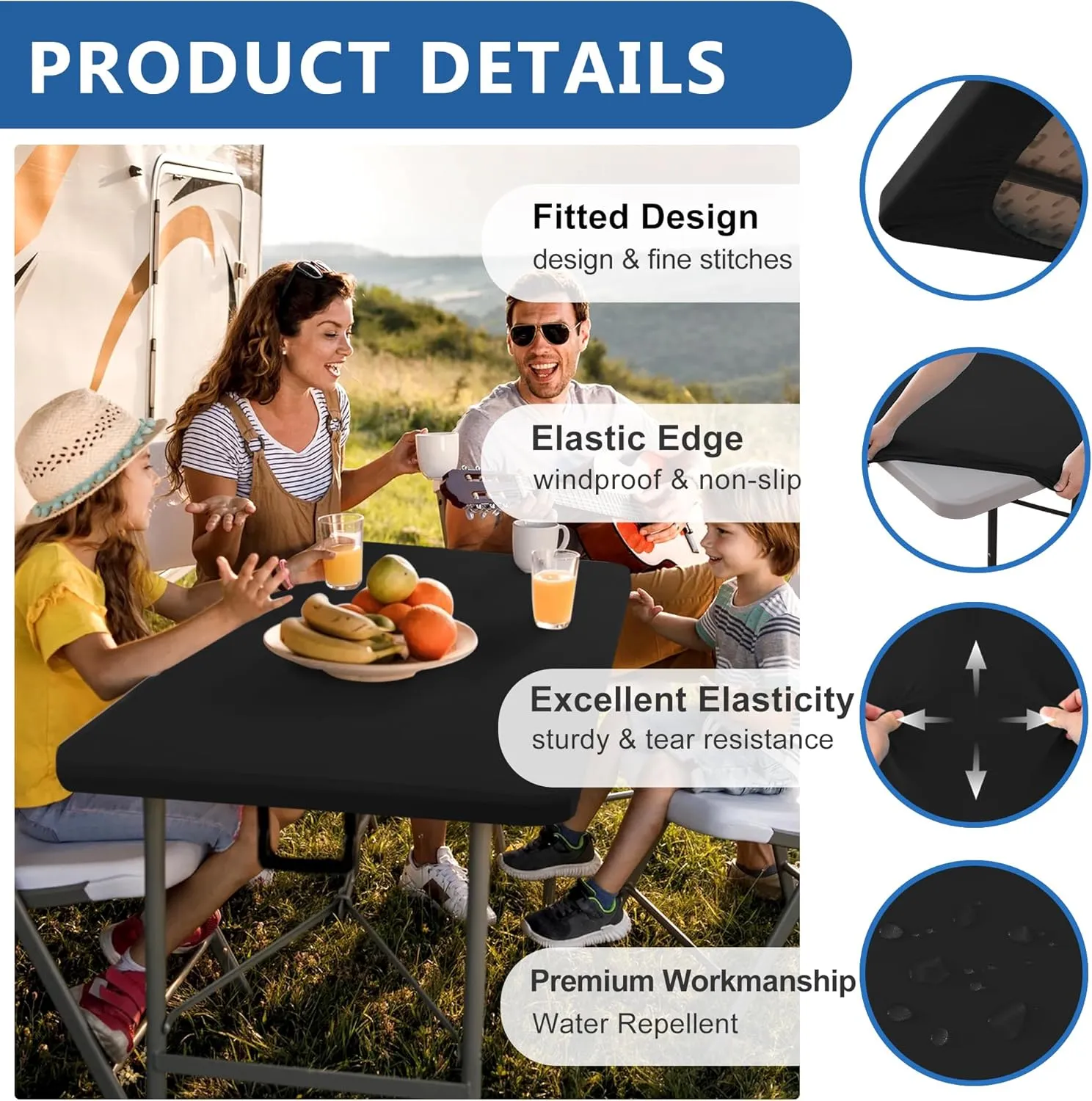 Fitted Tablecloth for 8 Foot Rectangle Tables-6 Pack Black Elastic Outdoor Picnic Table Cover-Spandex Stretch Folding Table Cloths 8ft for Camping Dining Room Patio Kitchen Banquet Party