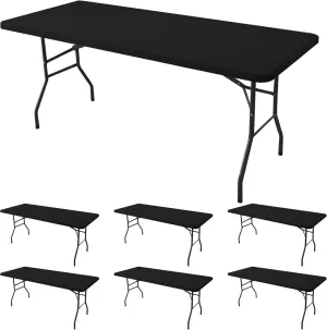 Fitted Tablecloth for 8 Foot Rectangle Tables-6 Pack Black Elastic Outdoor Picnic Table Cover-Spandex Stretch Folding Table Cloths 8ft for Camping Dining Room Patio Kitchen Banquet Party