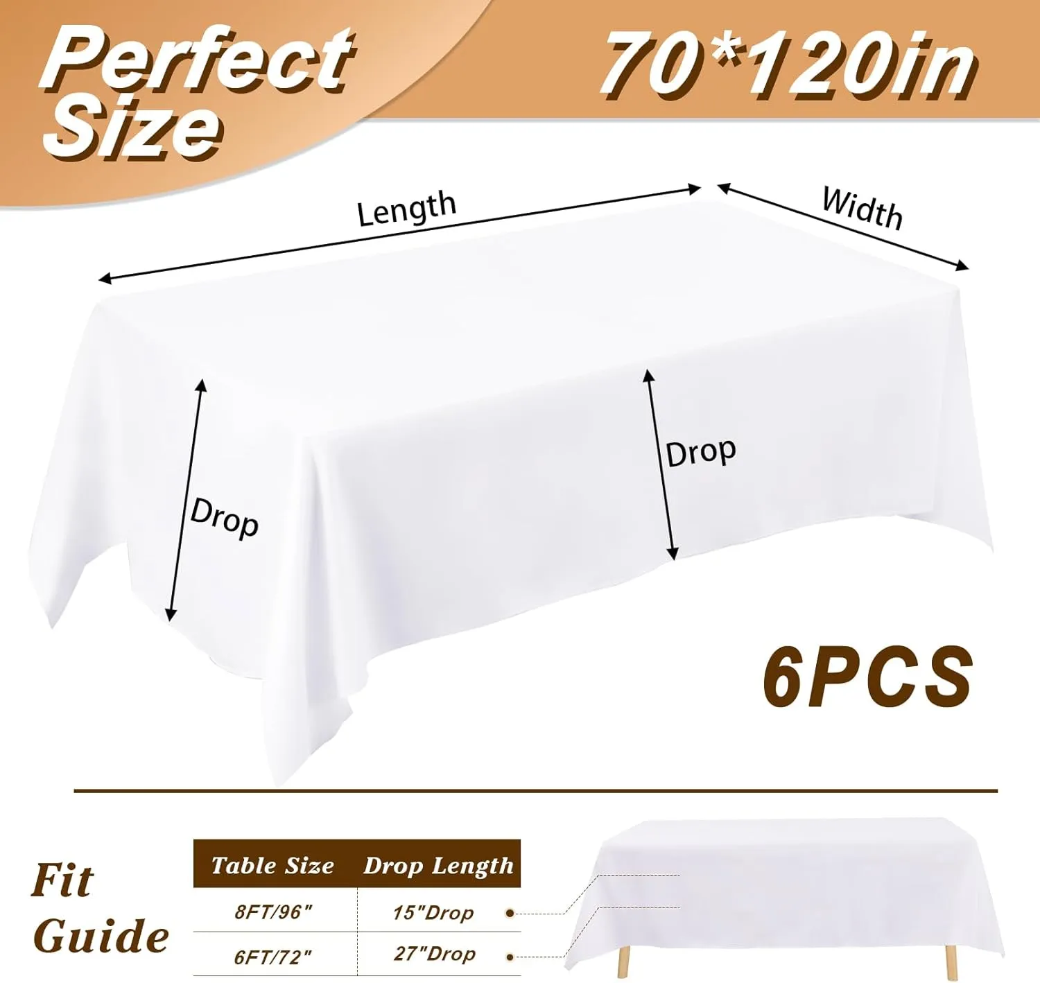 Fixwal 6 Pack White Table Cloth for Rectangle Table, 70 x 120 Inch Polyester Fabric Tablecloths Rectangular, Table Covers 6-8ft for Party, Banquet, Dining, Wedding, Graduation