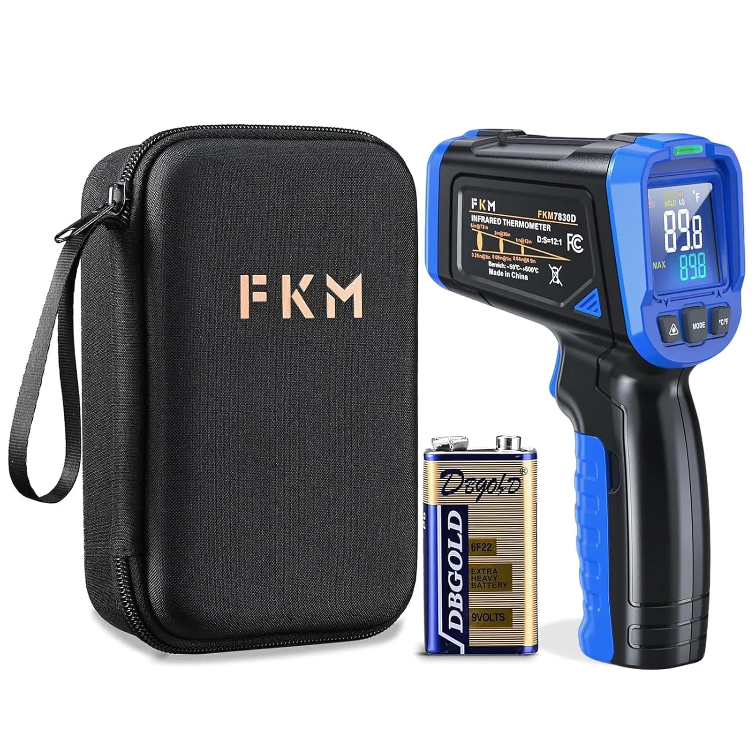 FKM Infrared Thermometer,Non-Contact Laser Temperature Gun -58°F ~1112°F (-50°C ~ 600°C), Adjustable Emissivity, Heat Temperature Temp Gun for Cooking, Pizza Oven, Grill, HVAC, Engine, Not for Human