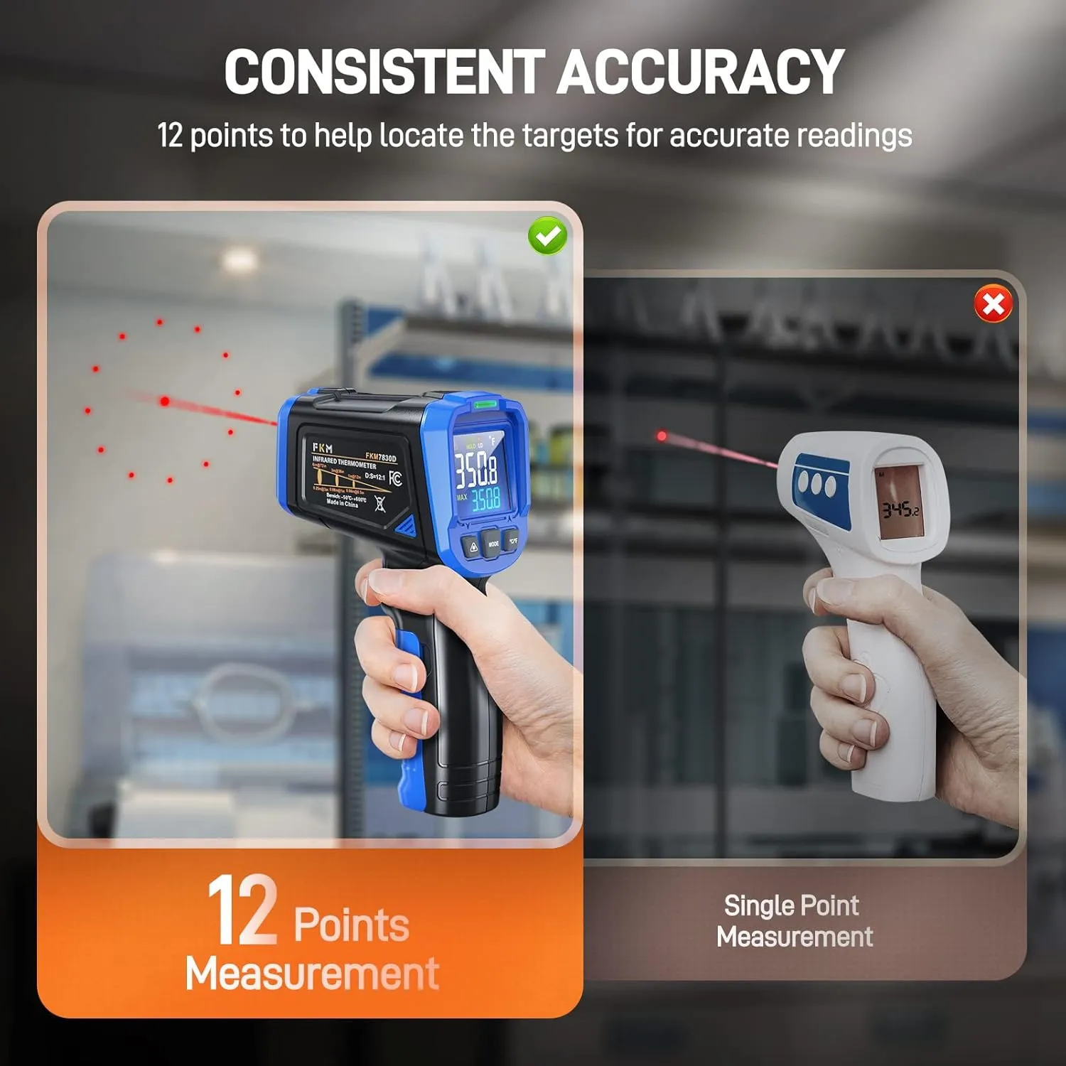 FKM Infrared Thermometer,Non-Contact Laser Temperature Gun -58°F ~1112°F (-50°C ~ 600°C), Adjustable Emissivity, Heat Temperature Temp Gun for Cooking, Pizza Oven, Grill, HVAC, Engine, Not for Human