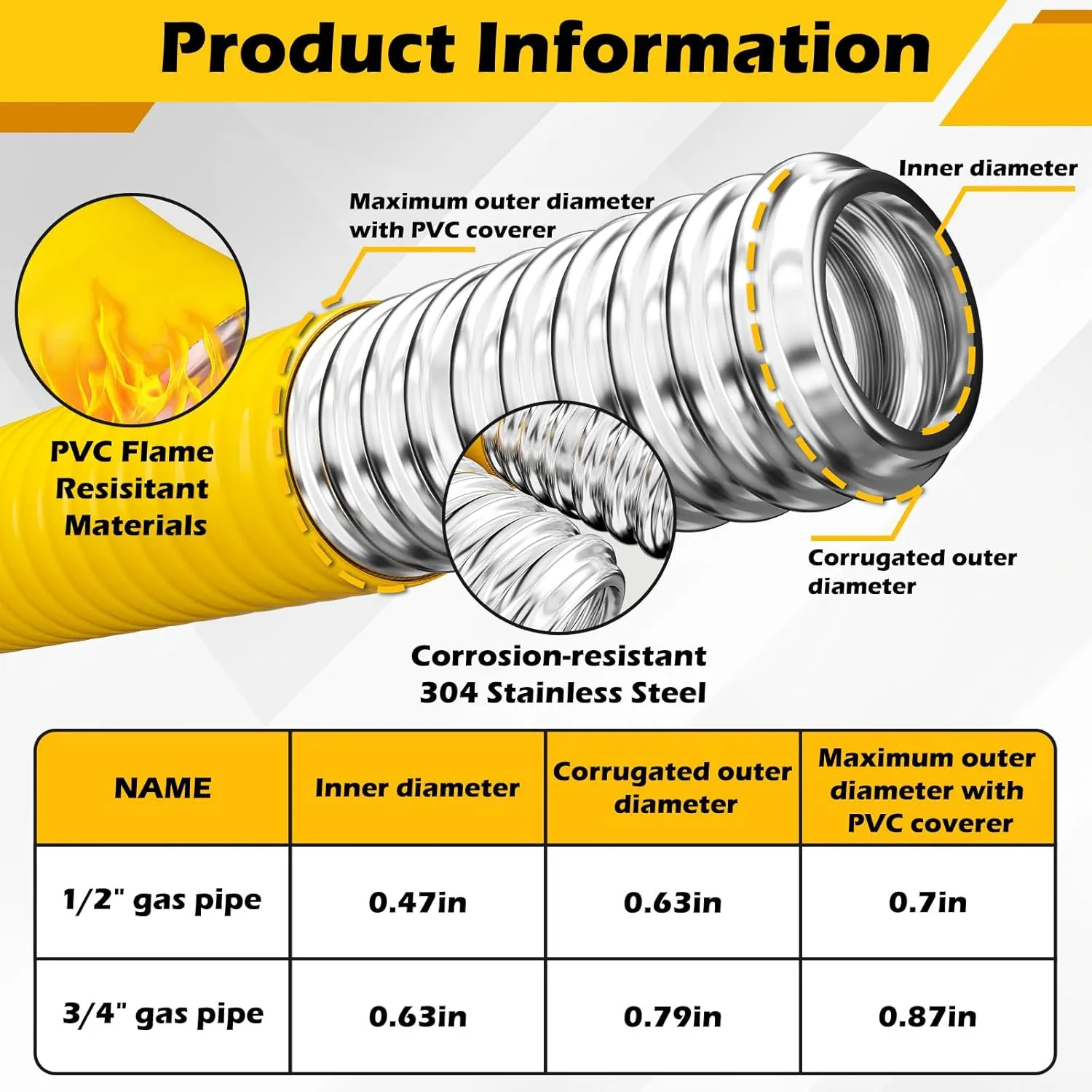 Flexible Gas Line, 100Ft 1/2" CSST Corrugated Stainless Steel Tubing, Natural Gas and Propane Pipe Conversion Kit With 2 Male Adapter Fittings