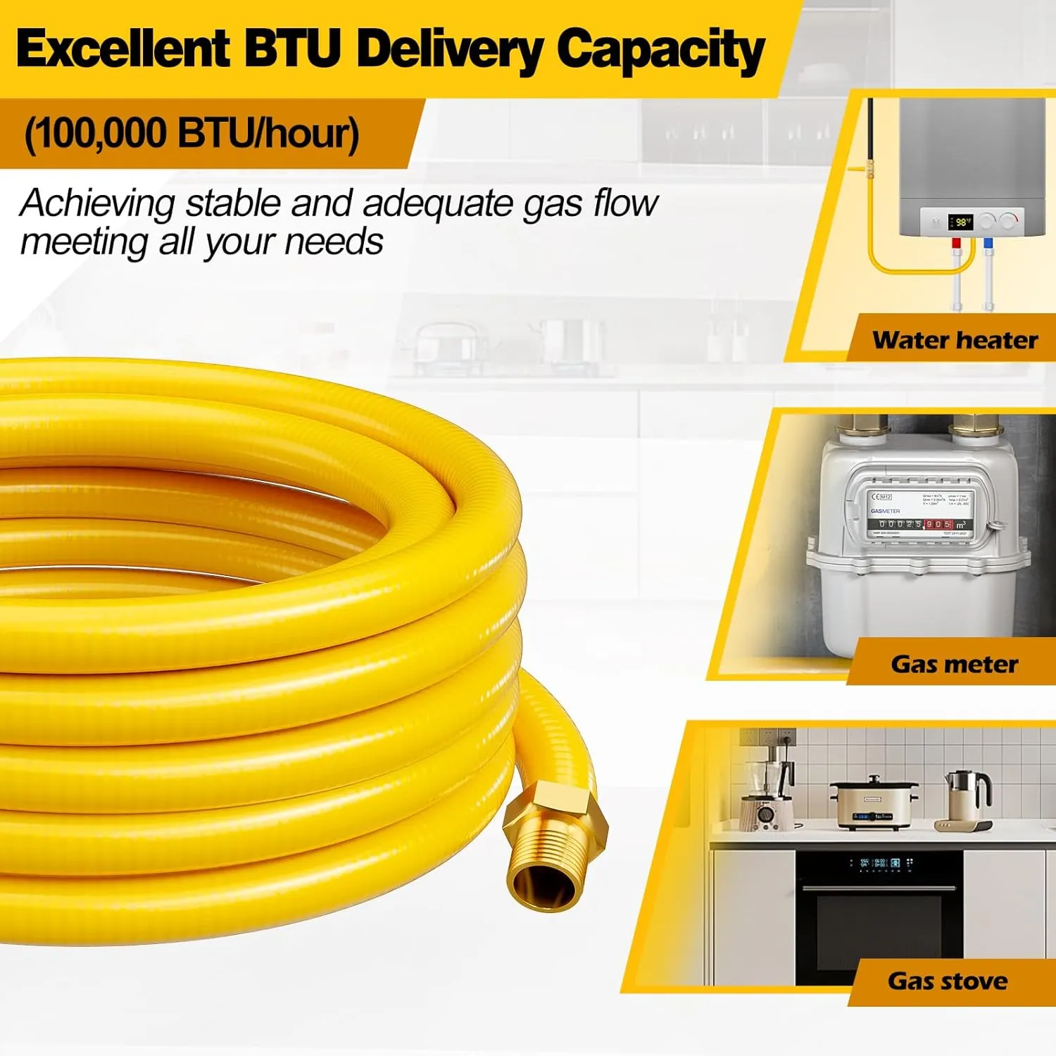 Flexible Gas Line, 100Ft 1/2" CSST Corrugated Stainless Steel Tubing, Natural Gas and Propane Pipe Conversion Kit With 2 Male Adapter Fittings
