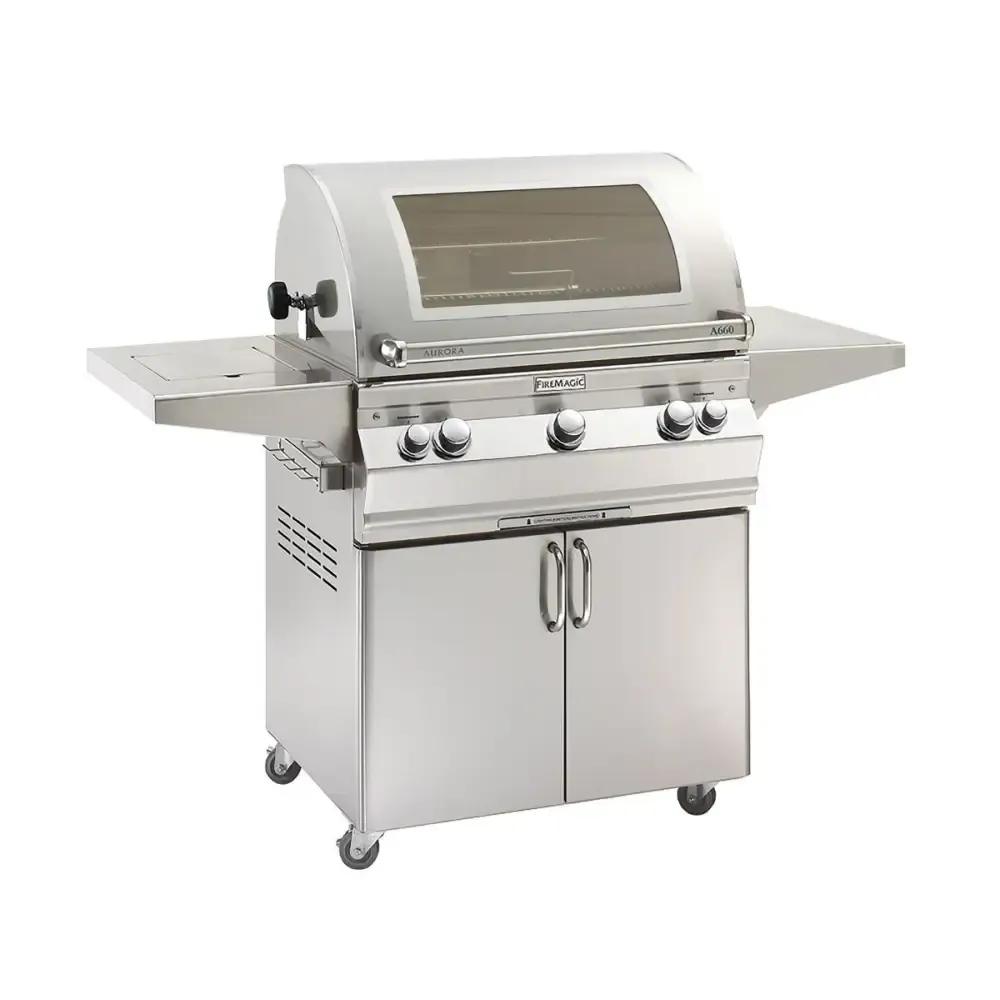 FM A660s Aurora 30" Portable Grill with Analog Thermometer, Flush Mounted Single Side Burner, Rotisserie Backburner, Infrared Burner and Magic View Window, NG - A660S8LAN62W