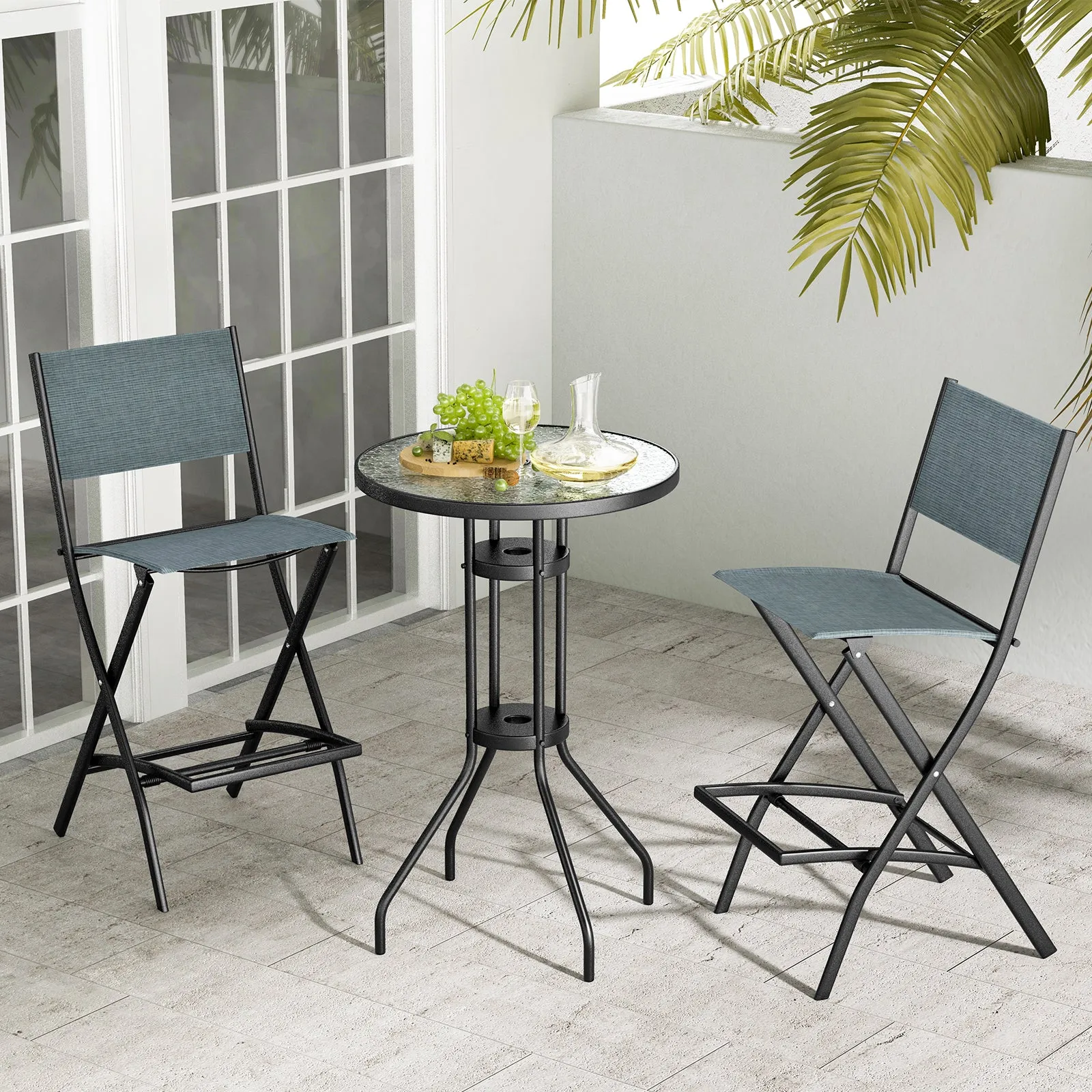 Folding Bar Height Stool with Metal Frame and Footrest