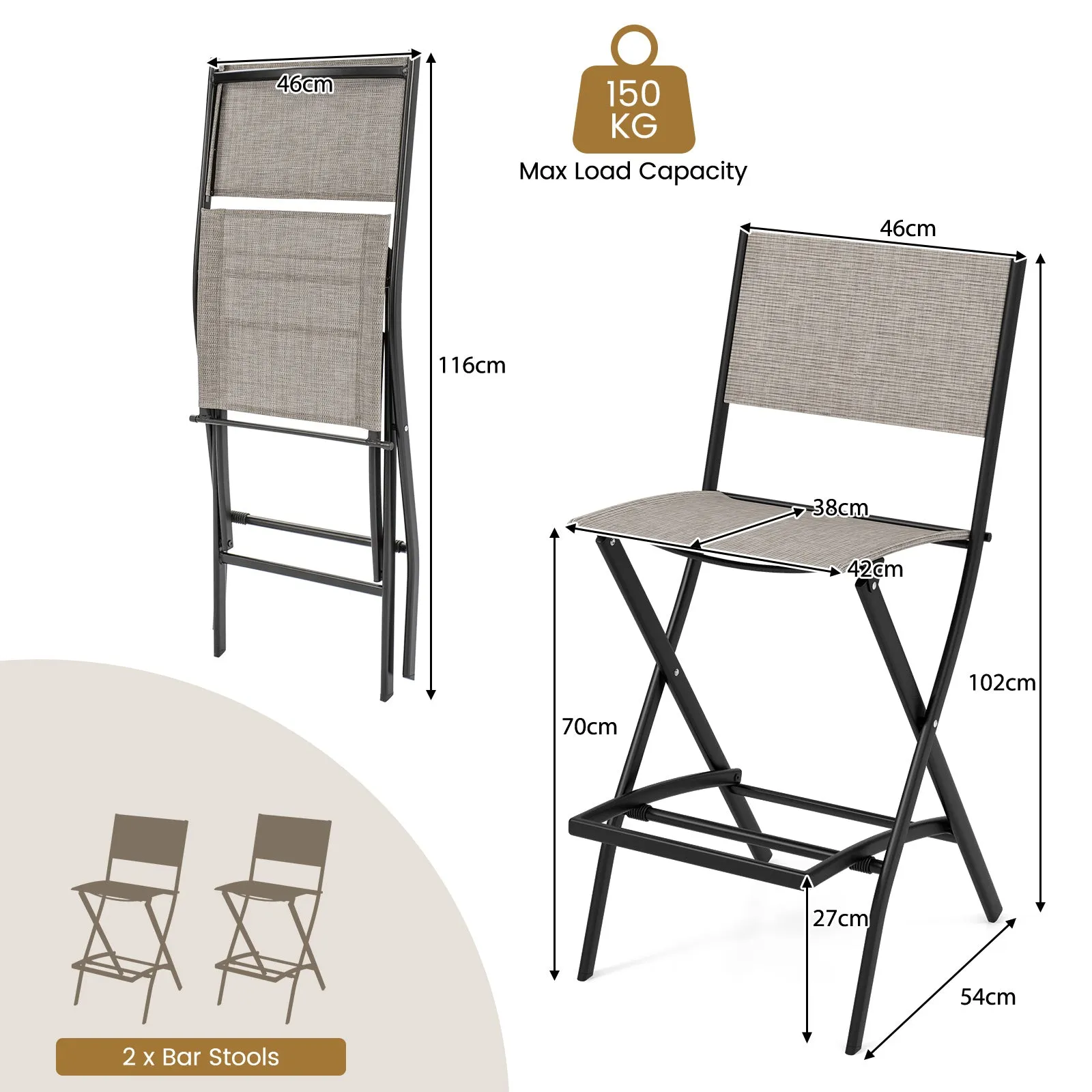 Folding Bar Height Stool with Metal Frame and Footrest