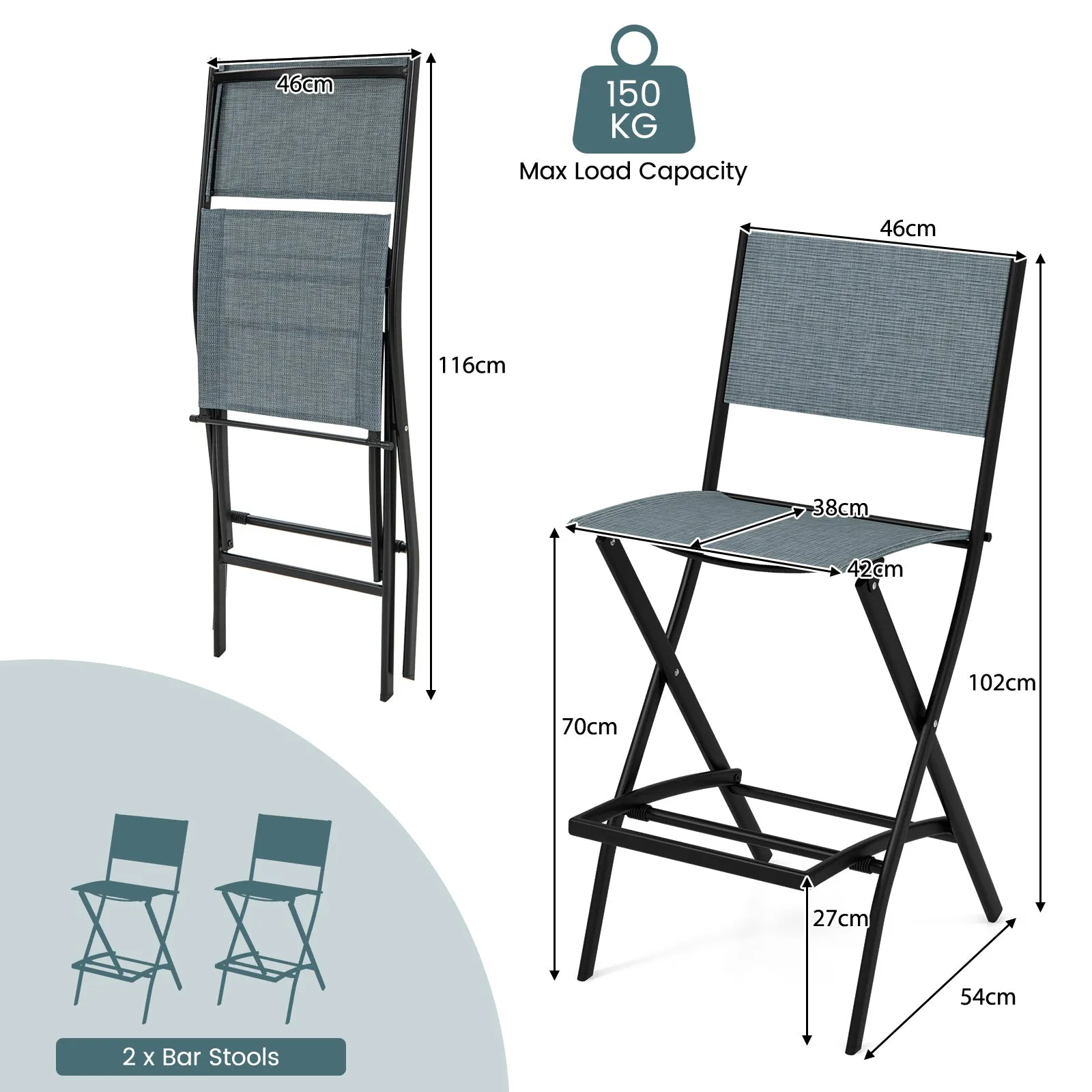 Folding Bar Height Stool with Metal Frame and Footrest