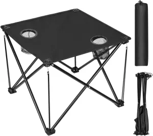 Folding Camping Table with 2 Cupholders, Lightweight Travel Desk with Carrying Bag for Sand, Outdoor, Picnic, Camp, Boat, Travel, Black