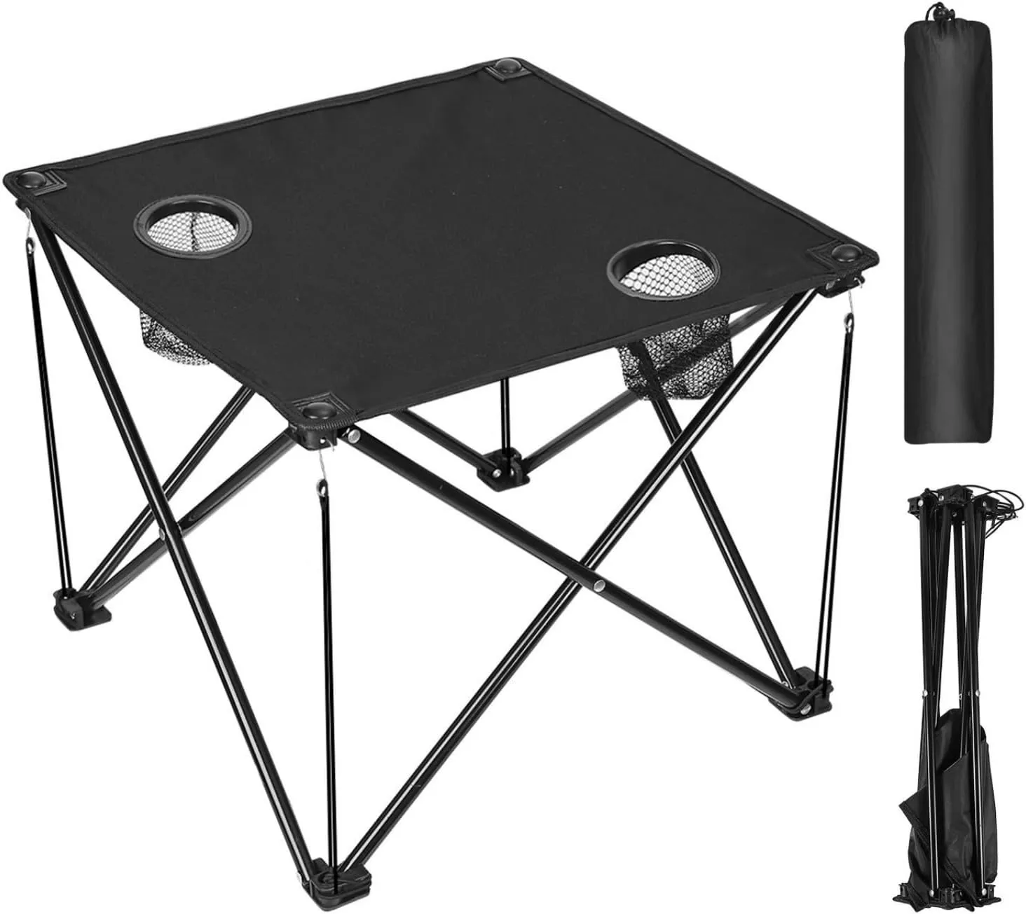 Folding Camping Table with 2 Cupholders, Lightweight Travel Desk with Carrying Bag for Sand, Outdoor, Picnic, Camp, Boat, Travel, Black