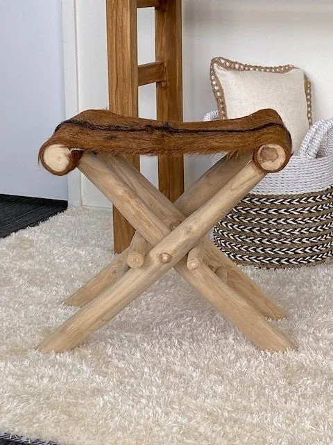 Folding Goatskin Leather Stool or Ottoman
