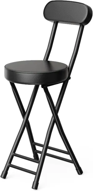 Folding Stool,Cushioned Padded Folding Bar Stool,24inch Black Height Heavy Duty Portable Chair Stool with 300lbs Capacity for Kitchen Living Room Garden Camping Fishing