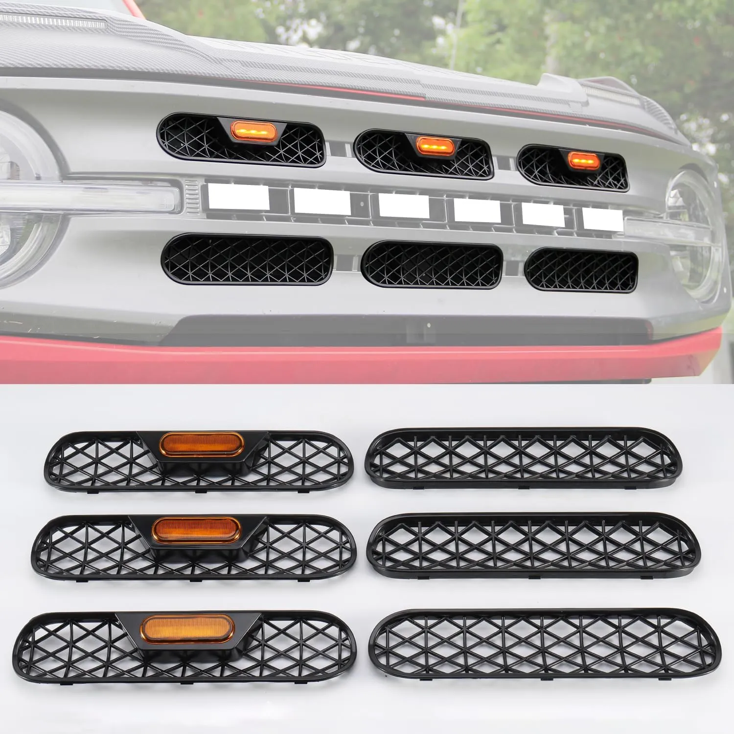 Front Grill Inserts with Amber Light for 2021 2022 2023 2024 Ford Bronco Big Bend Outer Banks 2/4 Door Mesh Grille Inserts Frame Trim Covers