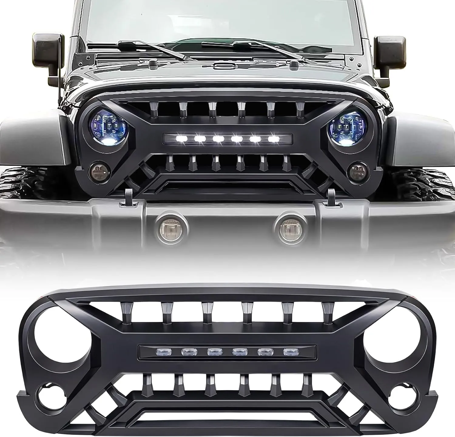 Front Grill with Off-road Lights Compatible with 2007-2018 Jeep Wrangler Rubicon Sahara Sport JK JKU, Matte Black