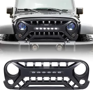 Front Grill with Off-road Lights Compatible with 2007-2018 Jeep Wrangler Rubicon Sahara Sport JK JKU, Matte Black