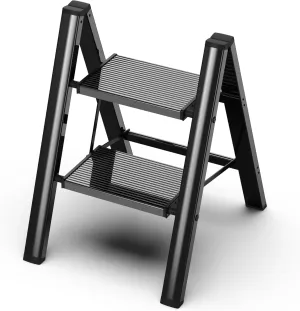 GameGem 2 Step Ladder, Folding Step Stool with Wider Pedal, Anti-Slip Feet & Non Slip Stripes, Aluminum Sturdy Material, 300Lbs Capacity, Elegant Look of Piano Black Better Matches Your Home