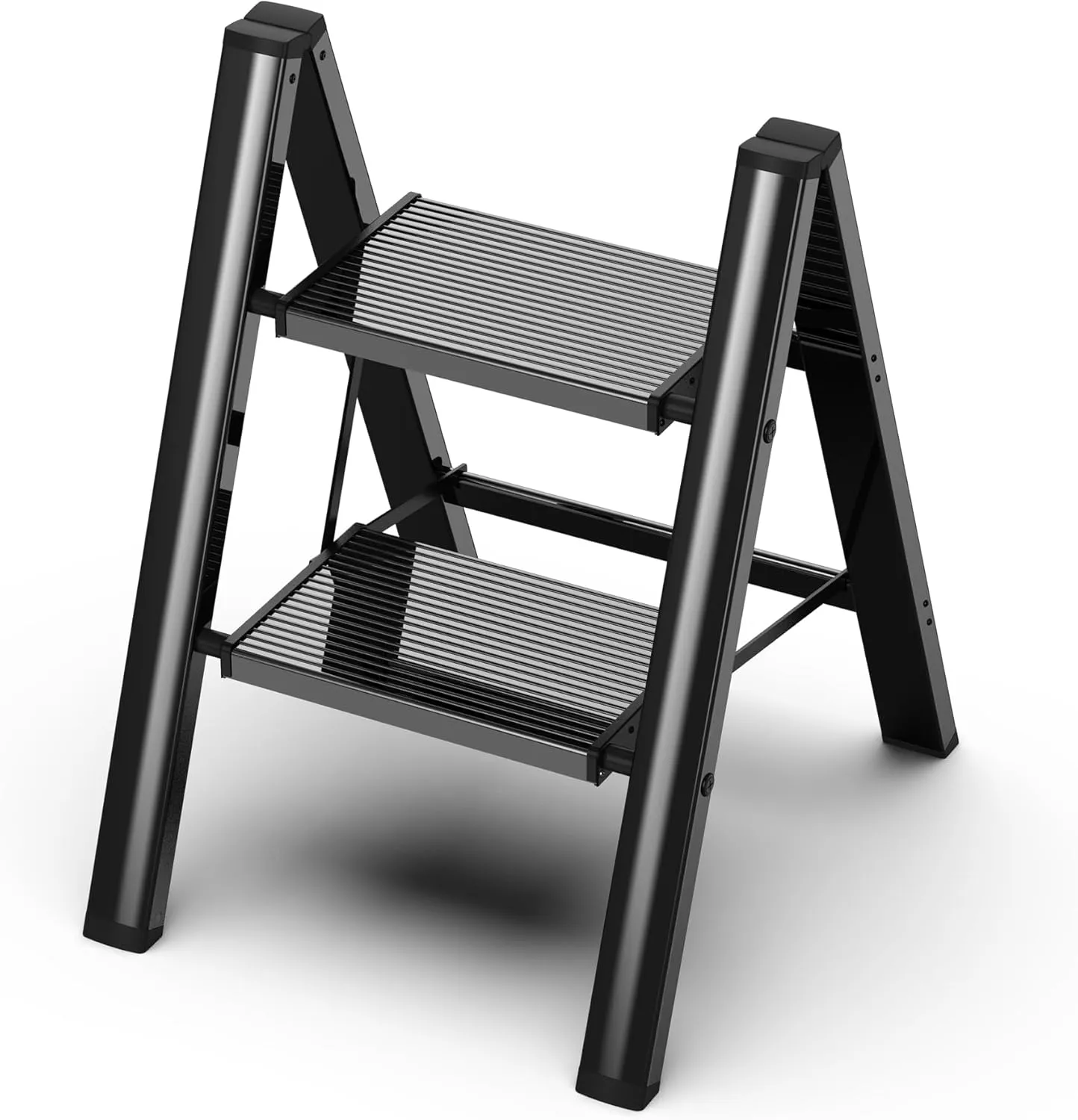 GameGem 2 Step Ladder, Folding Step Stool with Wider Pedal, Anti-Slip Feet & Non Slip Stripes, Aluminum Sturdy Material, 300Lbs Capacity, Elegant Look of Piano Black Better Matches Your Home
