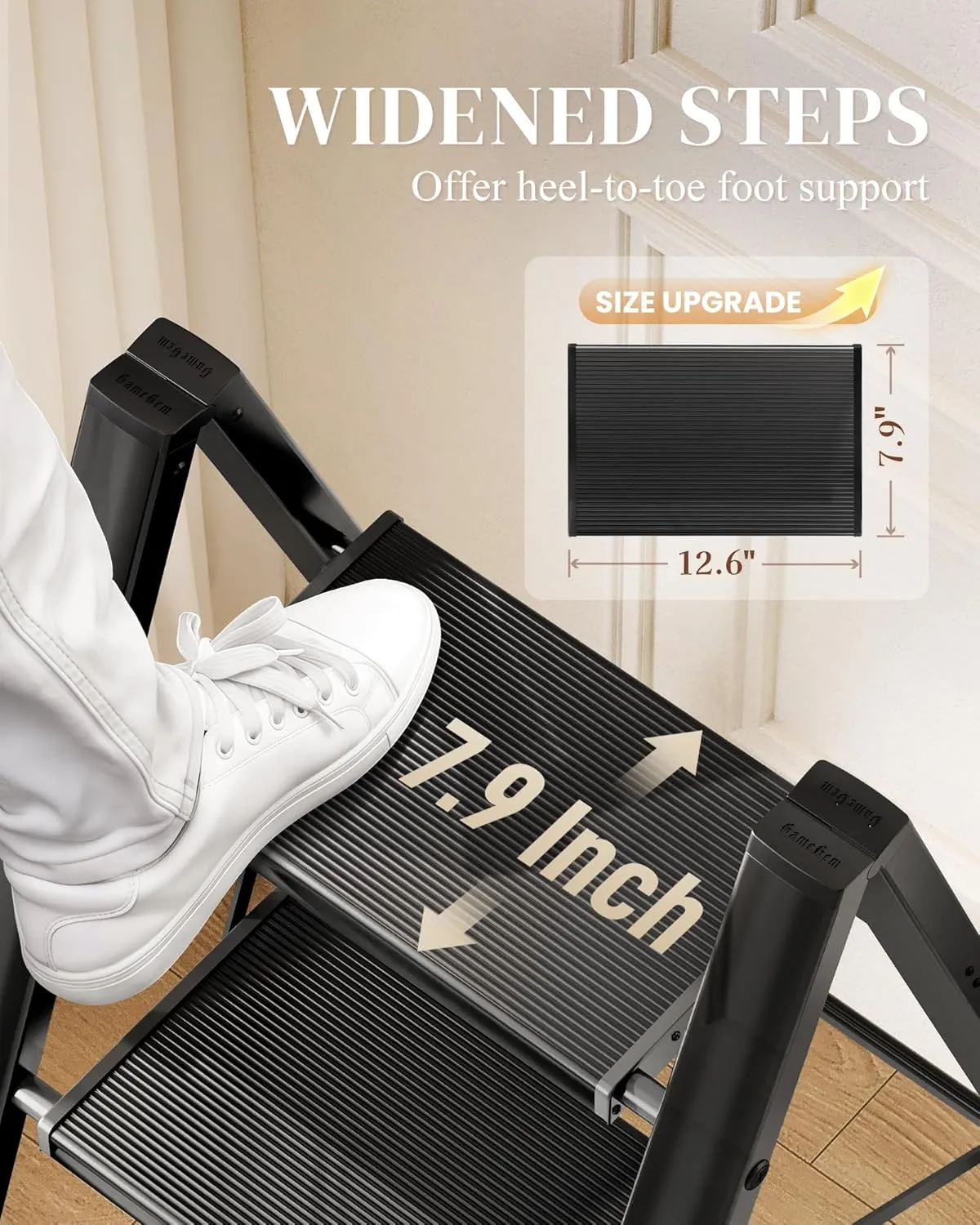 GameGem 2 Step Ladder, Folding Step Stool with Wider Pedal, Anti-Slip Feet & Non Slip Stripes, Aluminum Sturdy Material, 300Lbs Capacity, Elegant Look of Piano Black Better Matches Your Home