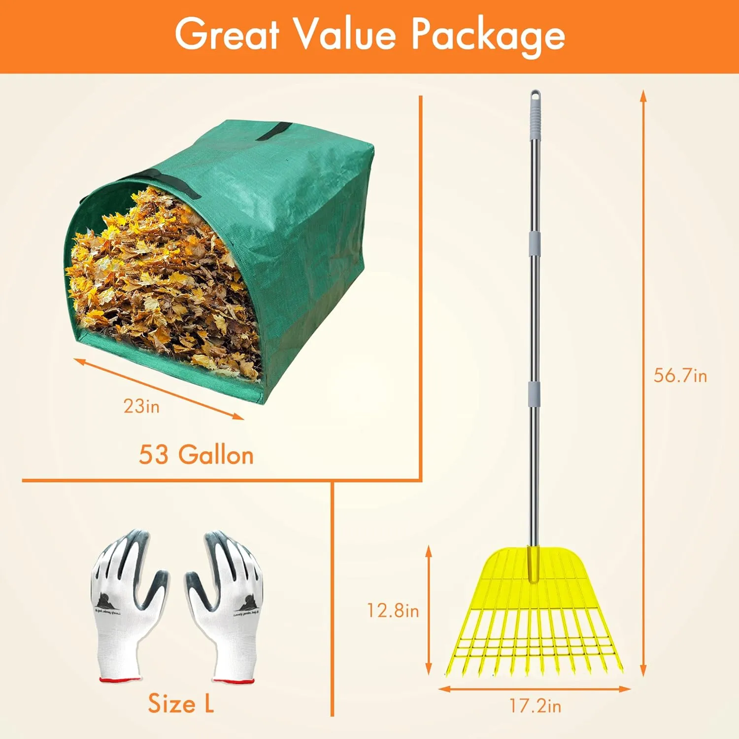 Gardzen 12 Tines Gardening Leaf Rake, Lightweight Steel Handle, Detachable, Ideal Camp Rake, Comes with Dustpan-Type Garden Bag - Yellow