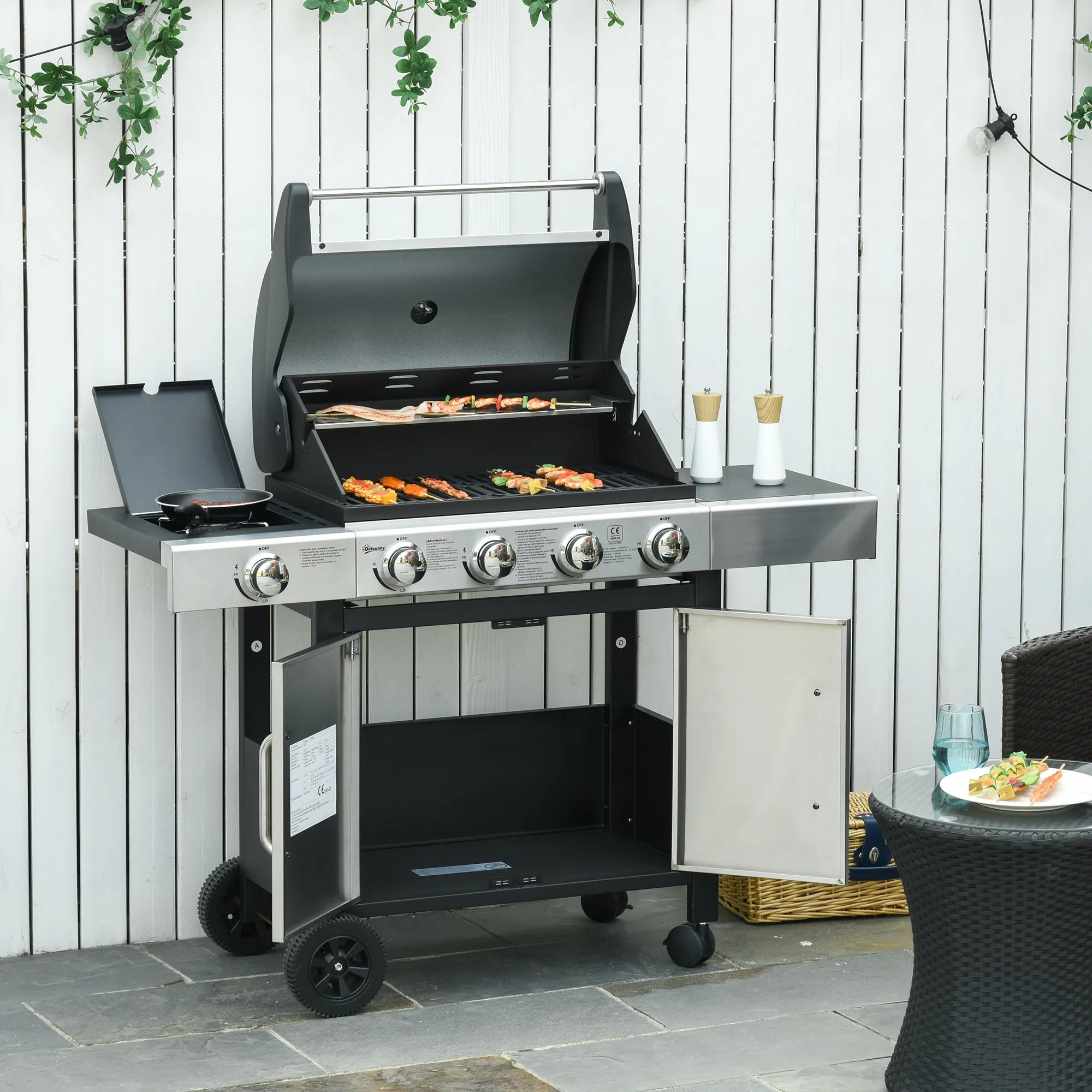 Gas Barbecue Grill 4 1 Burner Garden Smoker BBQ Trolley w/ Side Burner Warming Rack Side Shelves Storage Cabinet Piezo Ignition Thermometer Stainless Steel   Metal