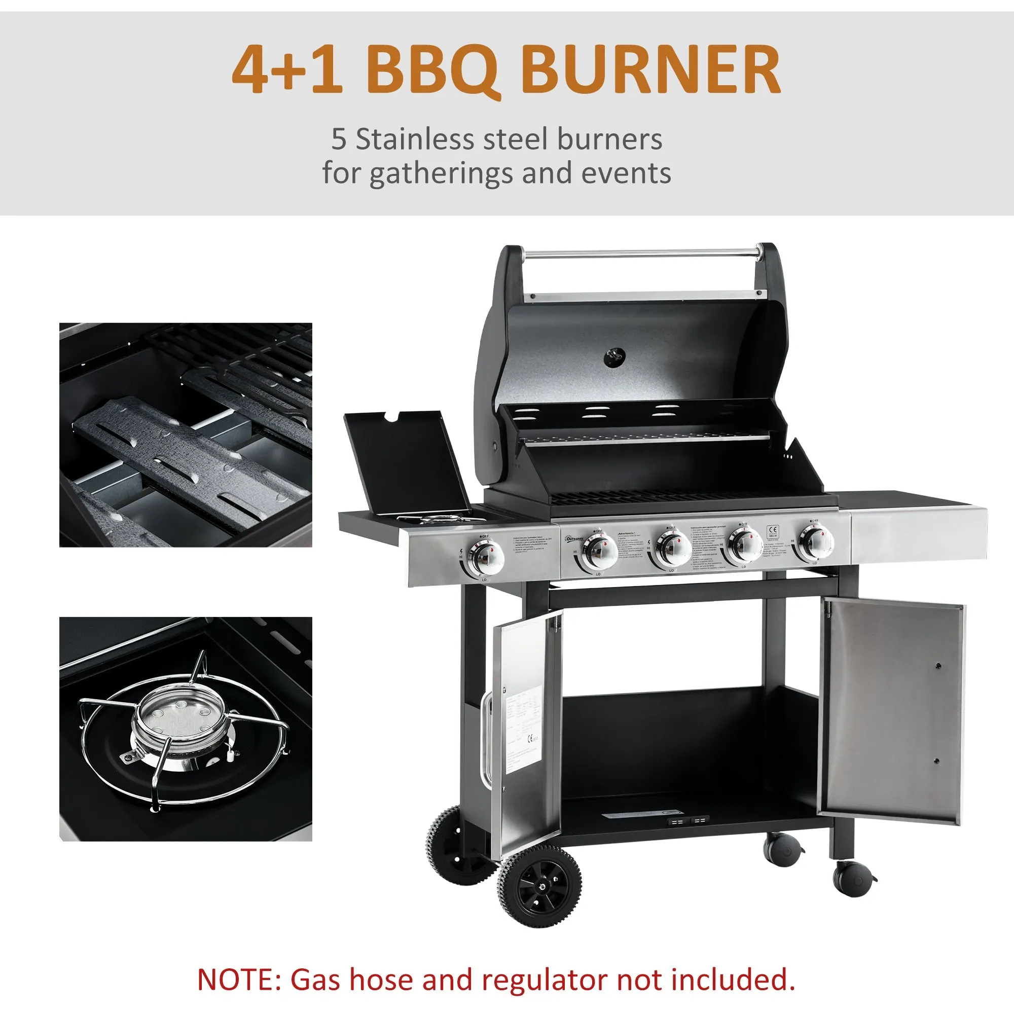 Gas Barbecue Grill 4 1 Burner Garden Smoker BBQ Trolley w/ Side Burner Warming Rack Side Shelves Storage Cabinet Piezo Ignition Thermometer Stainless Steel   Metal