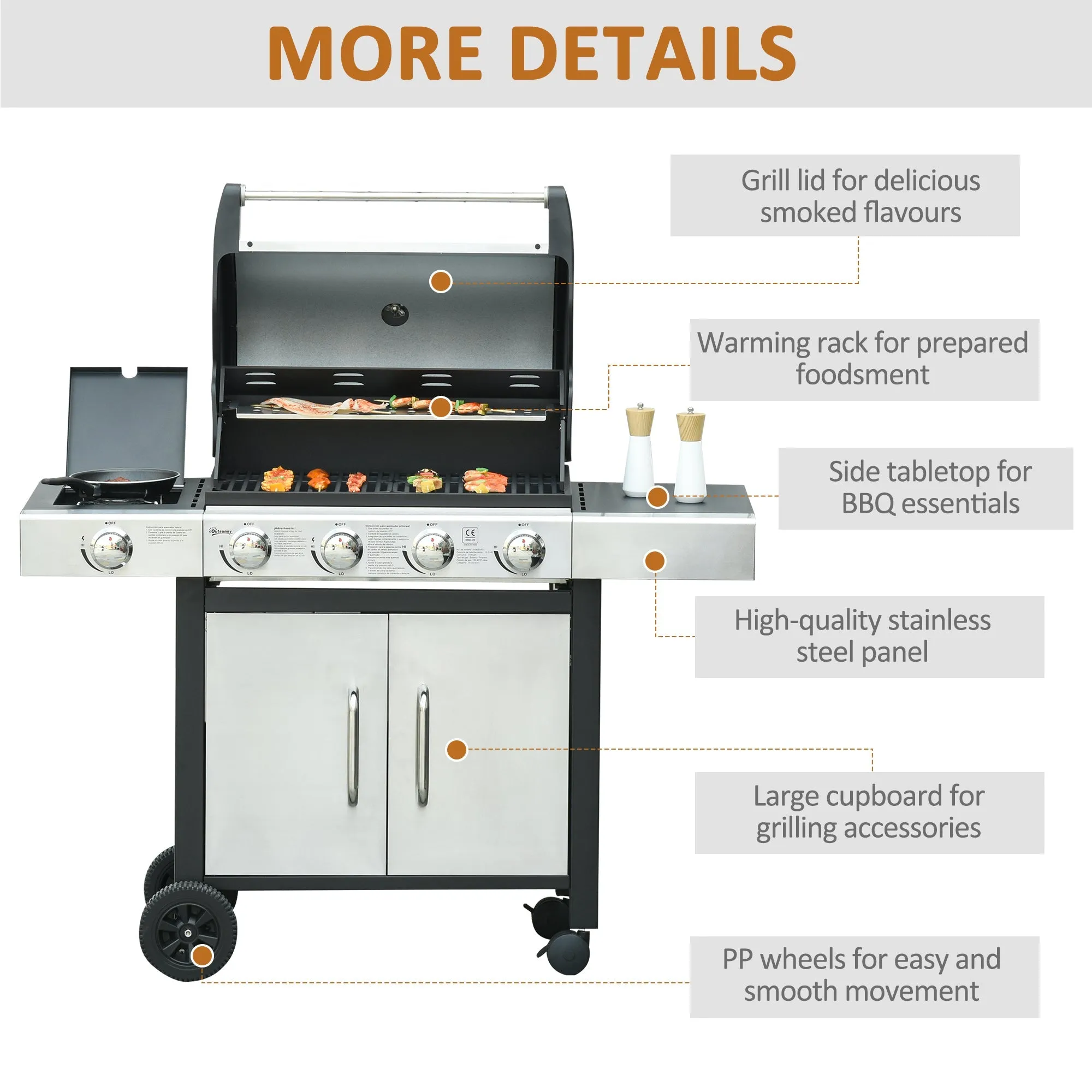 Gas Barbecue Grill 4 1 Burner Garden Smoker BBQ Trolley w/ Side Burner Warming Rack Side Shelves Storage Cabinet Piezo Ignition Thermometer Stainless Steel   Metal