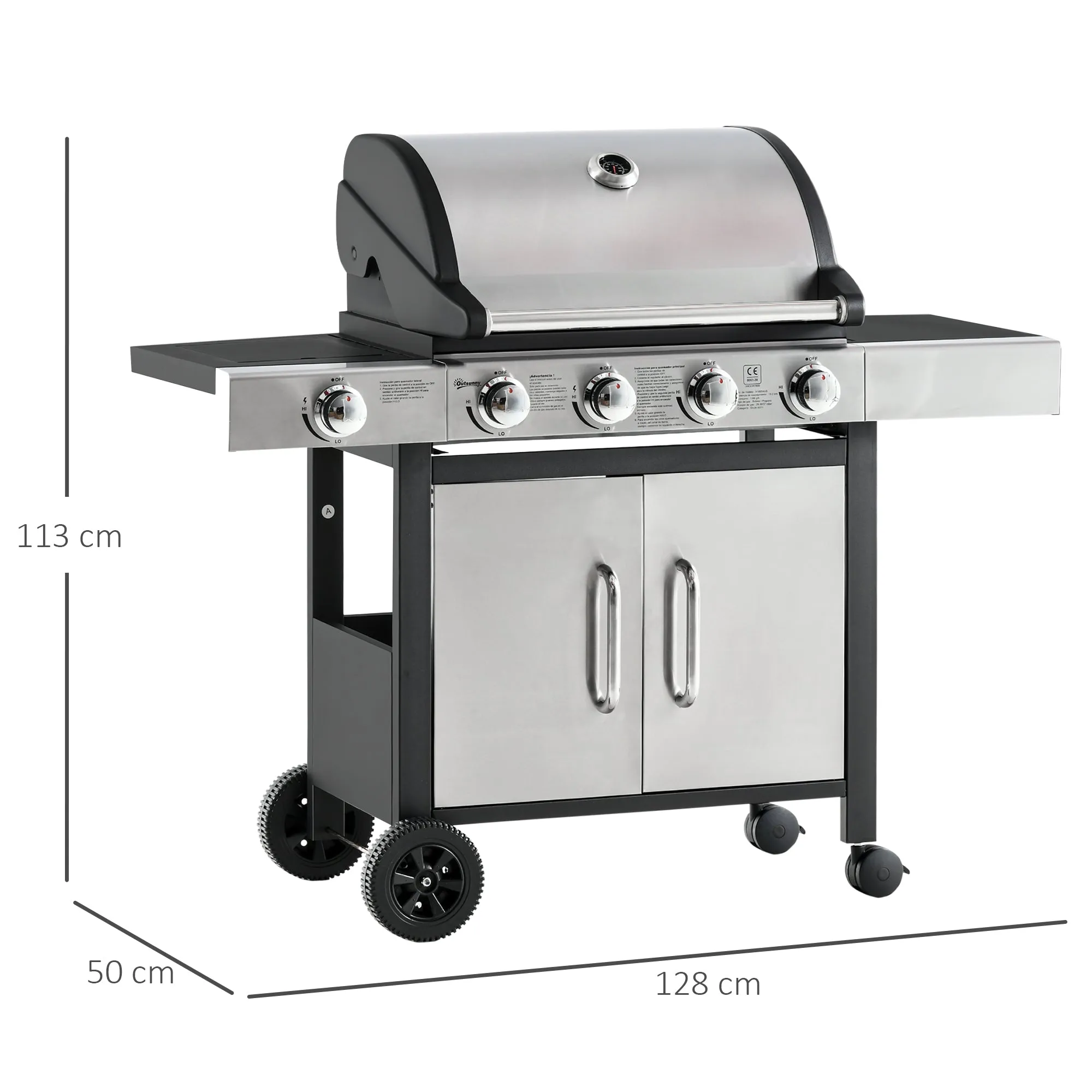 Gas Barbecue Grill 4 1 Burner Garden Smoker BBQ Trolley w/ Side Burner Warming Rack Side Shelves Storage Cabinet Piezo Ignition Thermometer Stainless Steel   Metal