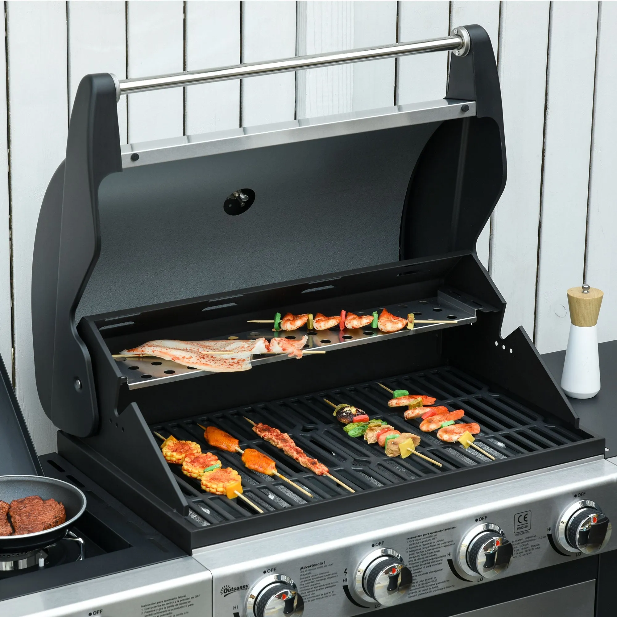 Gas Barbecue Grill 4 1 Burner Garden Smoker BBQ Trolley w/ Side Burner Warming Rack Side Shelves Storage Cabinet Piezo Ignition Thermometer Stainless Steel   Metal