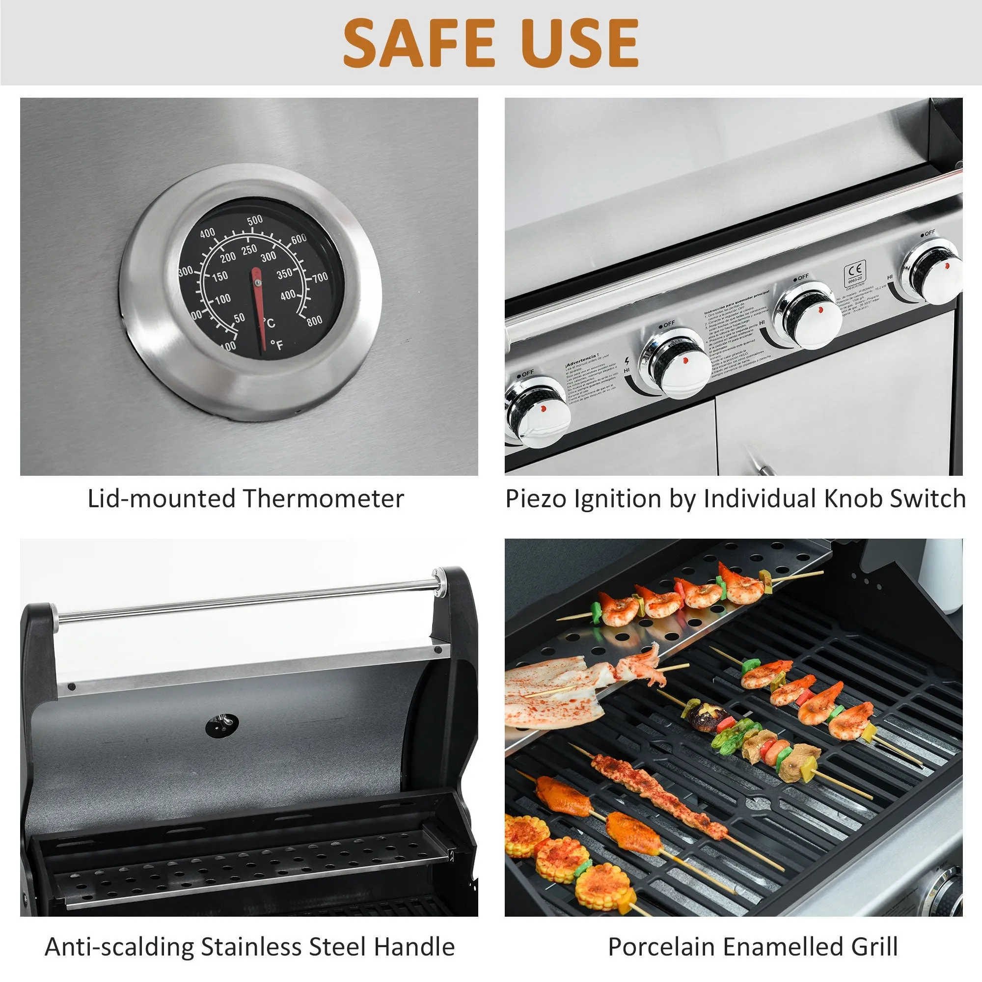 Gas Barbecue Grill 4 1 Burner Garden Smoker BBQ Trolley w/ Side Burner Warming Rack Side Shelves Storage Cabinet Piezo Ignition Thermometer Stainless Steel   Metal