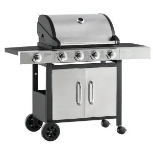 Gas Barbecue Grill 4 1 Burner Garden Smoker BBQ Trolley w/ Side Burner Warming Rack Side Shelves Storage Cabinet Piezo Ignition Thermometer Stainless Steel   Metal