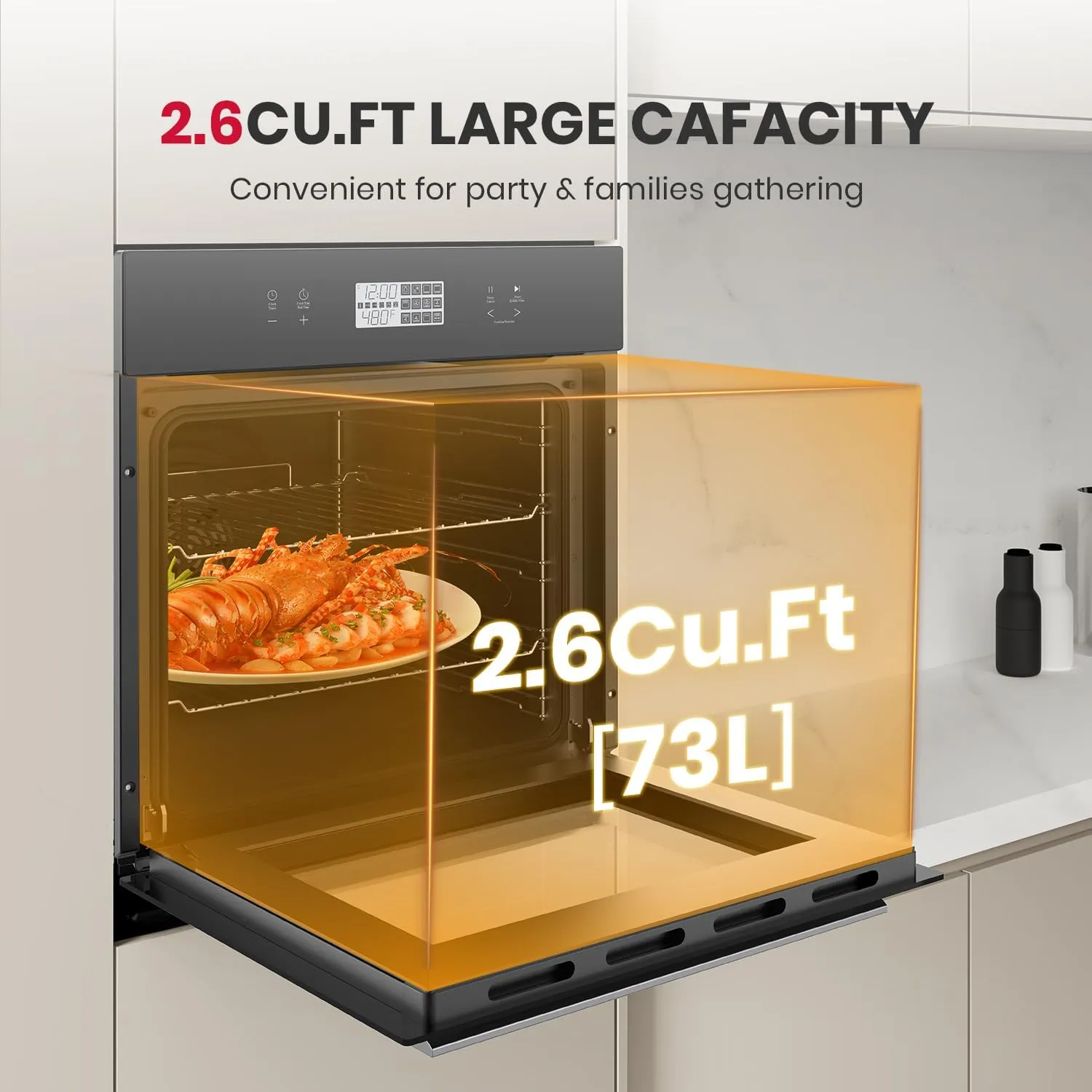GASLAND 24 Inch Electric Wall Oven, 2.6 Cu.ft Built-in Single Wall Oven, 12 Cooking Functions, 3D Heating, Convection Oven with Rotisserie, Touch Control, Safety Lock, ETL Certified, Black