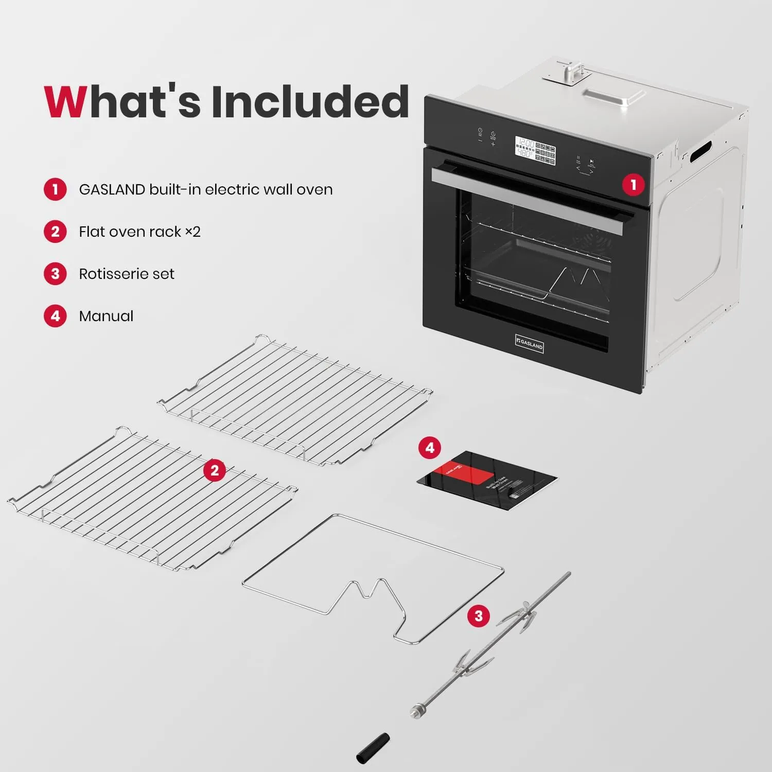 GASLAND 24 Inch Electric Wall Oven, 2.6 Cu.ft Built-in Single Wall Oven, 12 Cooking Functions, 3D Heating, Convection Oven with Rotisserie, Touch Control, Safety Lock, ETL Certified, Black