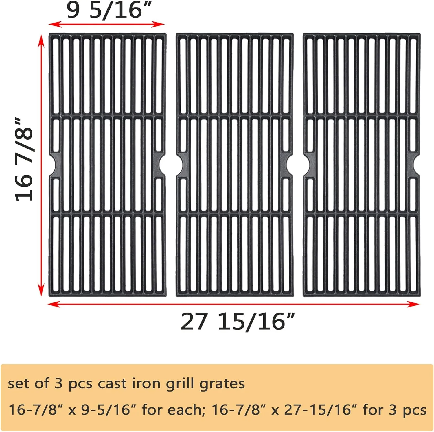 GasSaf 16 7/8" Grill Grates for Charbroil 463420508, 463420511, 463436214, 463440109 Gas Grill, Cast Iron Grates for Char Broil, Thermos, Master Chef, Backyard, 3PCS Grates Replacement for Char-Broil