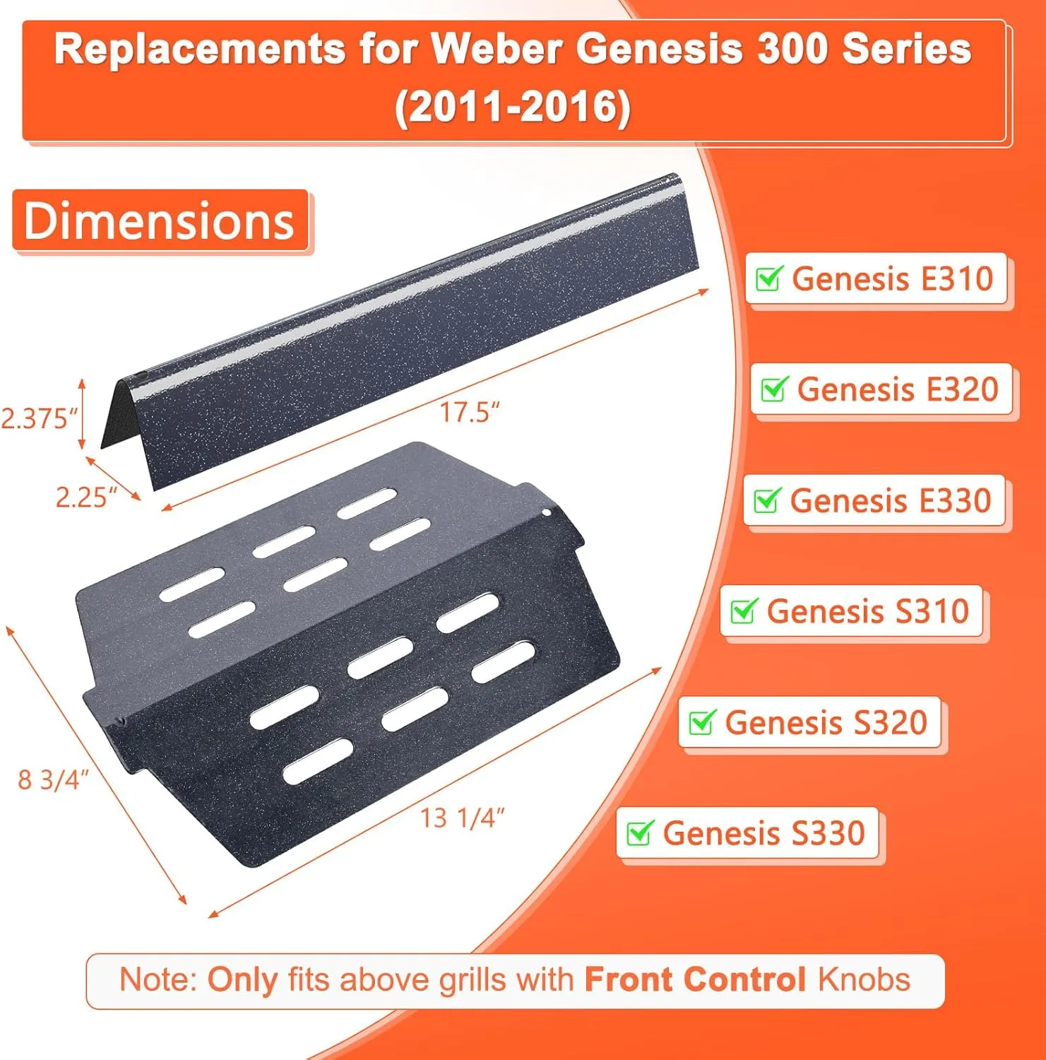 Genesis Grill Parts for Weber Genesis 300 Series Grills with Front Control Knob, Genesis E310 E320 E330 S310 S320 S330, 17.5" Flavorizer Bars and Heat Deflectors for Weber 7620 7621, Porcelain Steel