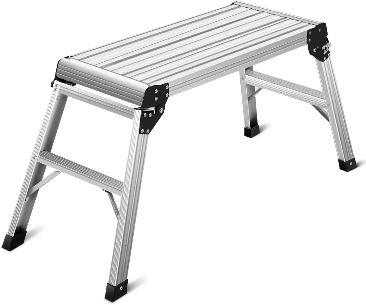 Giantex Work Platform Aluminum Step Ladder Drywall Safe CE Approved of Capacity 330 LBS Heavy Duty Portable Bench Folding Ladders Stool w/Non-Slip Mat (Silver)