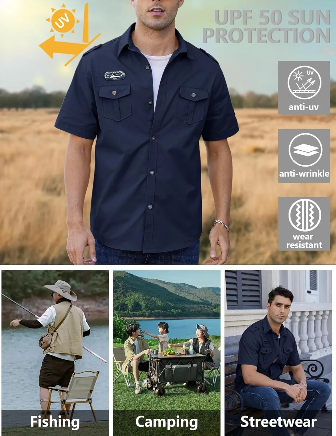 Gihuo Men's Military Tactical Shirt Short Sleeve Cargo Work Outdoor Hiking Camping Hunting Fishing