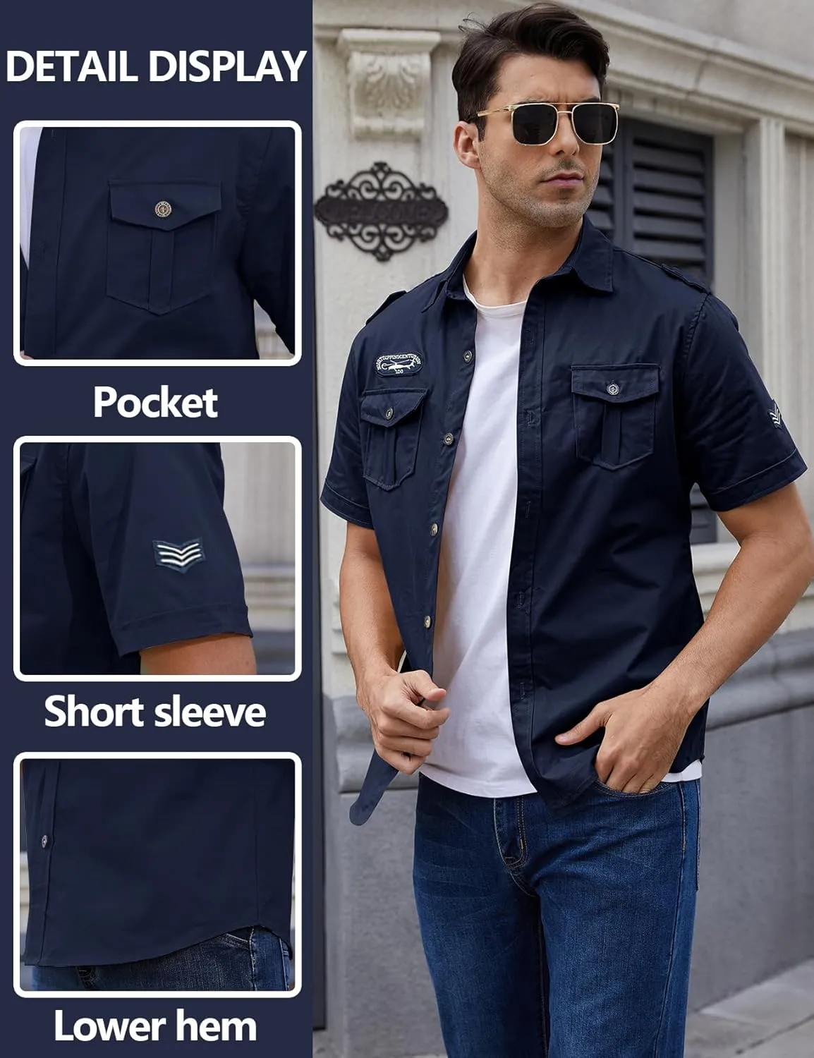 Gihuo Men's Military Tactical Shirt Short Sleeve Cargo Work Outdoor Hiking Camping Hunting Fishing
