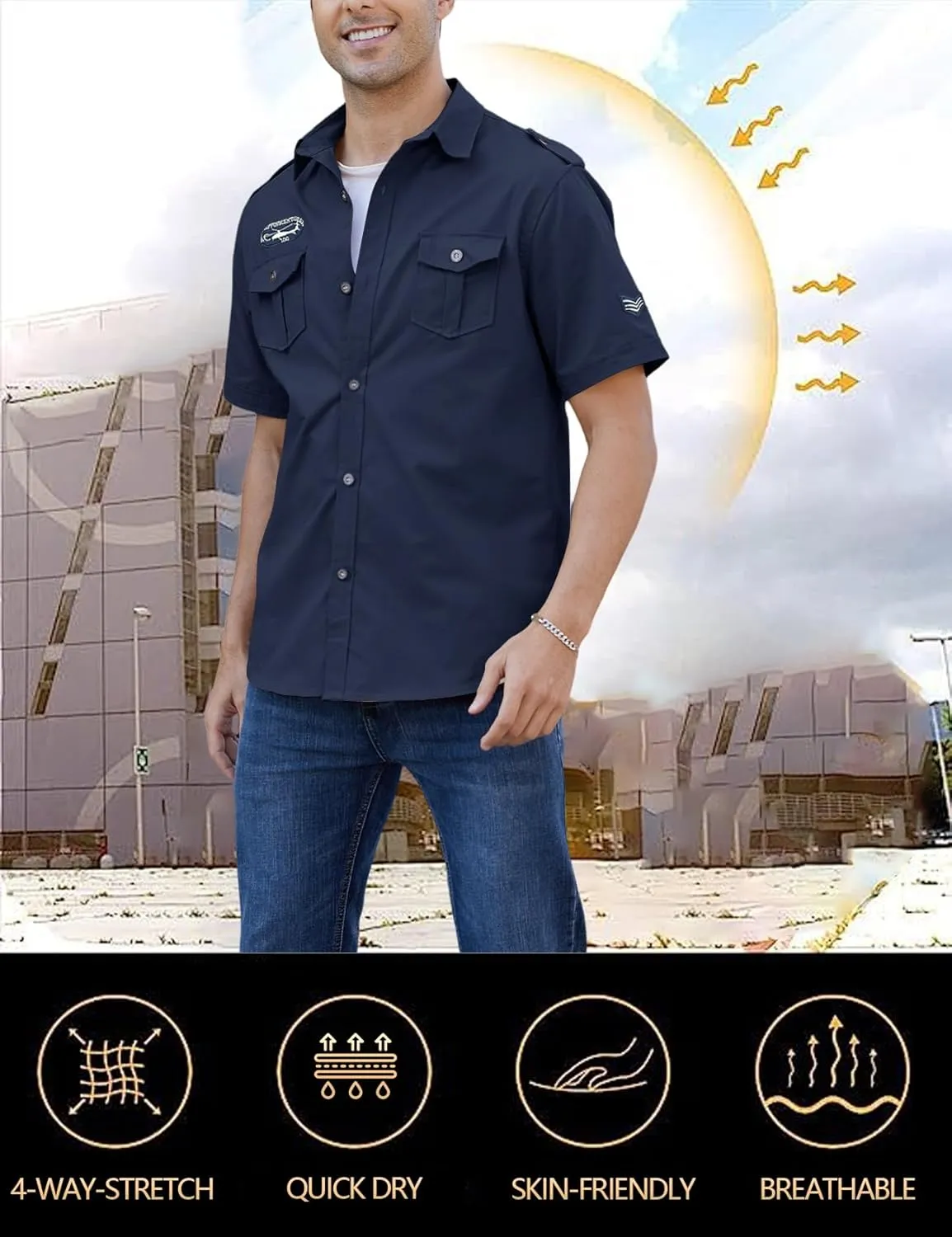 Gihuo Men's Military Tactical Shirt Short Sleeve Cargo Work Outdoor Hiking Camping Hunting Fishing
