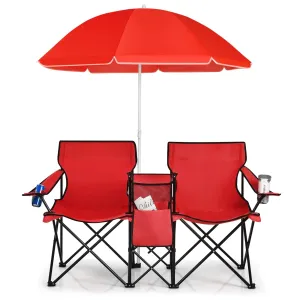Goplus Double Camping Chair with Umbrella Folding Loveseat Chairs w/Canopy Shade Carrying Bag Table Cup Holder Portable Beach Chairs Outdoor Picnic Patio (Red)