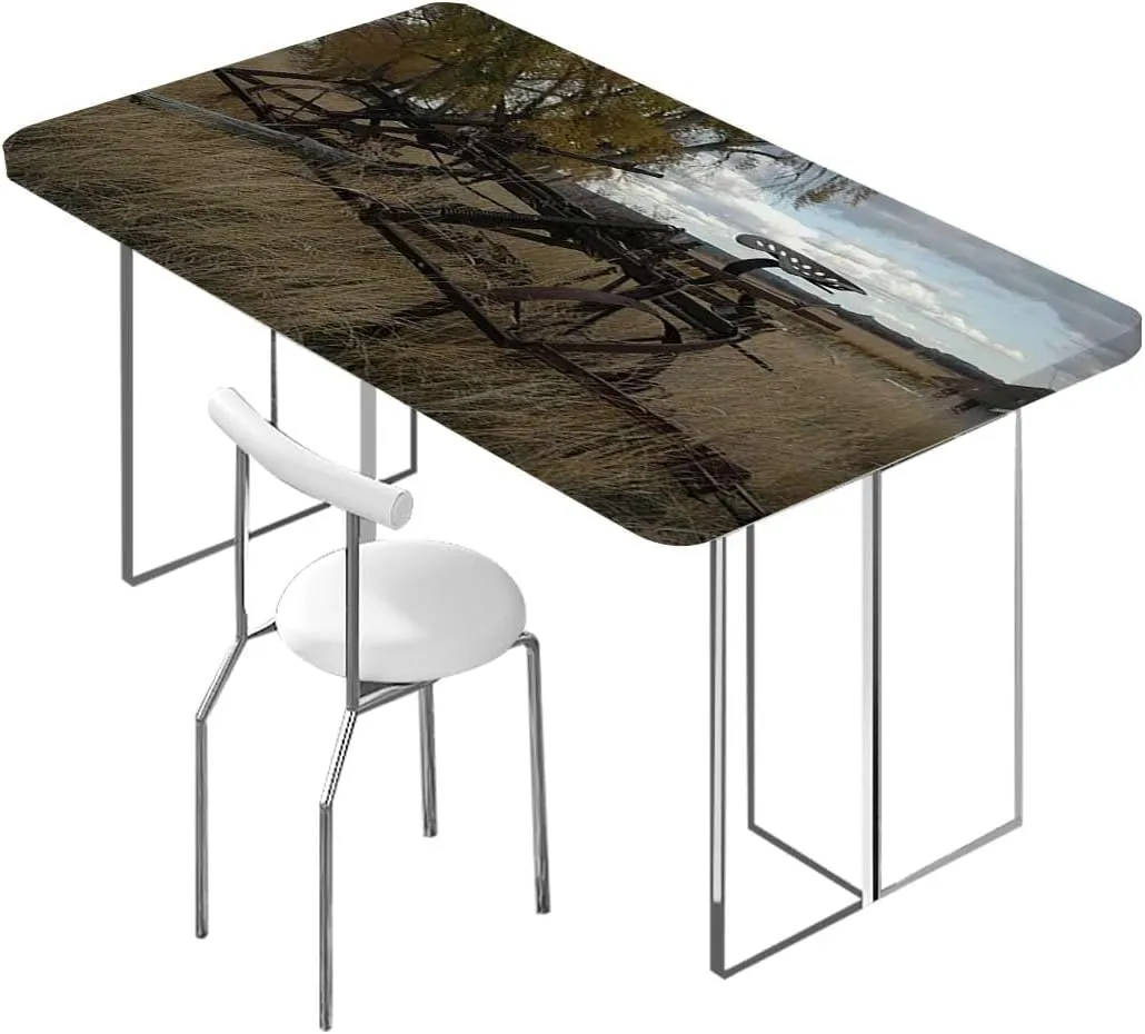 Green Brown Folding Table Cover Barn Wood Wagon Wheel Old Prairie Cart Waterproof Tablecloths for Picnic, Camping, Indoor, Outdoor Countryside Fits up 5 Foot Tables