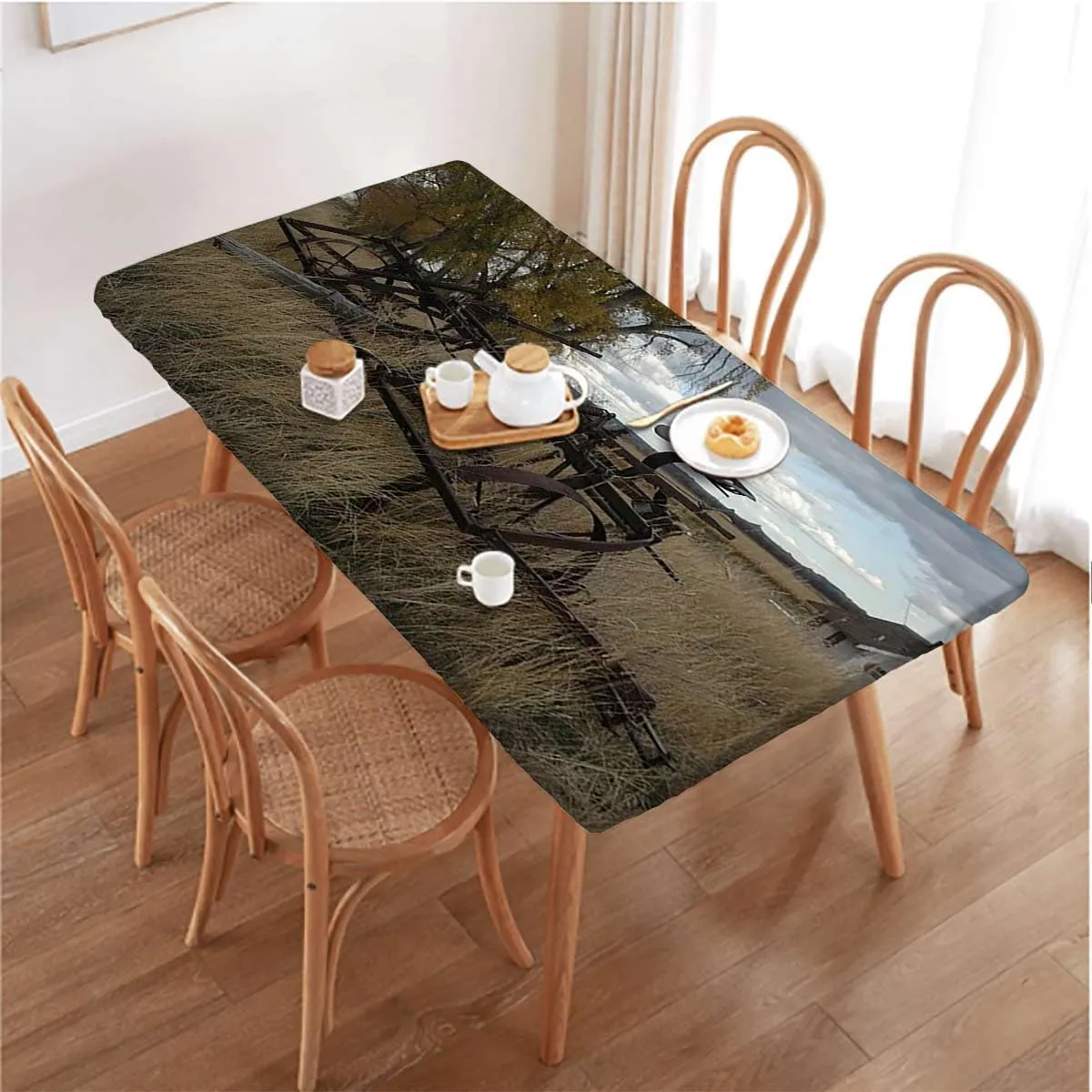 Green Brown Folding Table Cover Barn Wood Wagon Wheel Old Prairie Cart Waterproof Tablecloths for Picnic, Camping, Indoor, Outdoor Countryside Fits up 5 Foot Tables