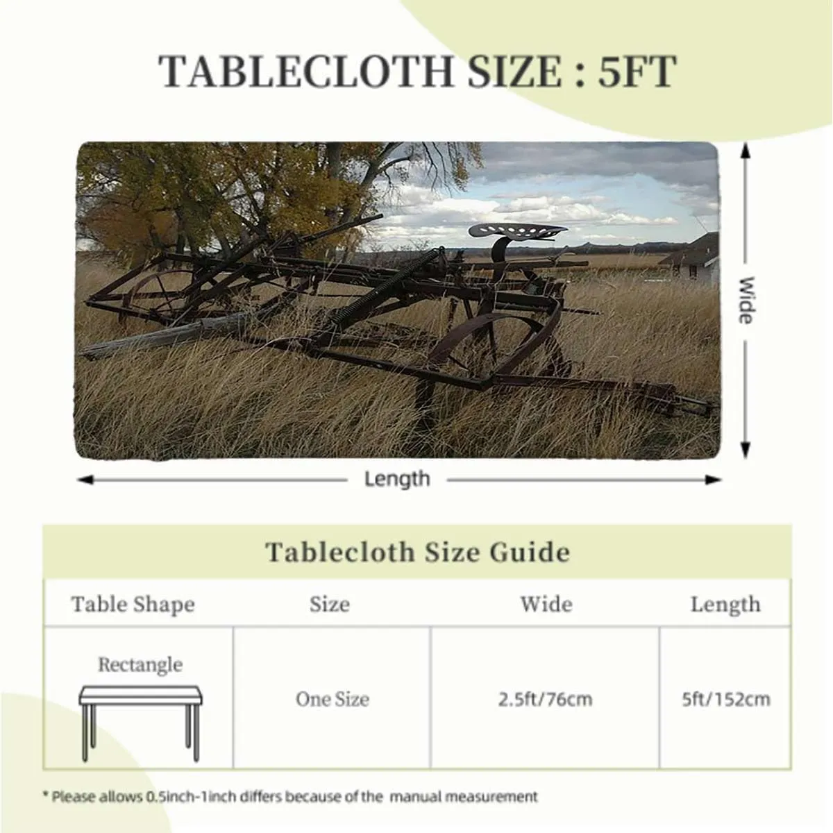 Green Brown Folding Table Cover Barn Wood Wagon Wheel Old Prairie Cart Waterproof Tablecloths for Picnic, Camping, Indoor, Outdoor Countryside Fits up 5 Foot Tables