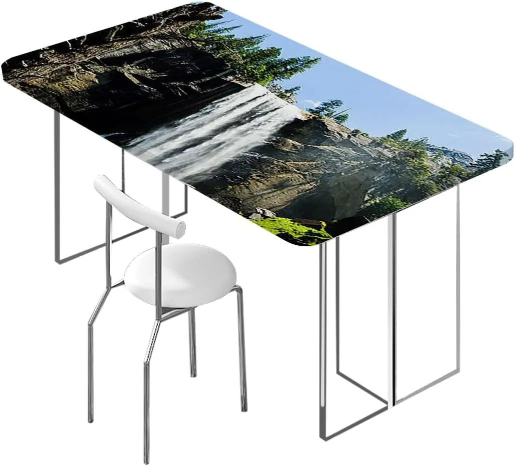 Green Elastic Tablecloth Park Alpine Forest Natural Scenic Waterproof Tablecloths for Picnic, Camping, Indoor, Outdoor Farm House Decor Fits up 5 Foot Tables
